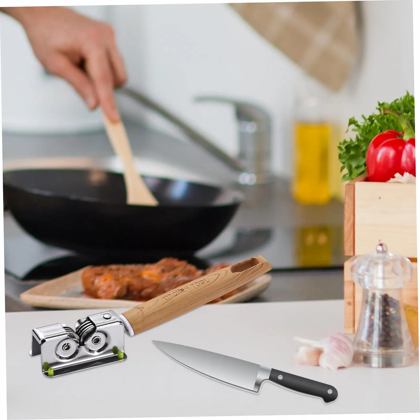 Точилка для ножів ручна 7.7 дюймів нержавіюча сталь роликова з отвором для підвішування та ручкою з деревним візерунком, фото №5