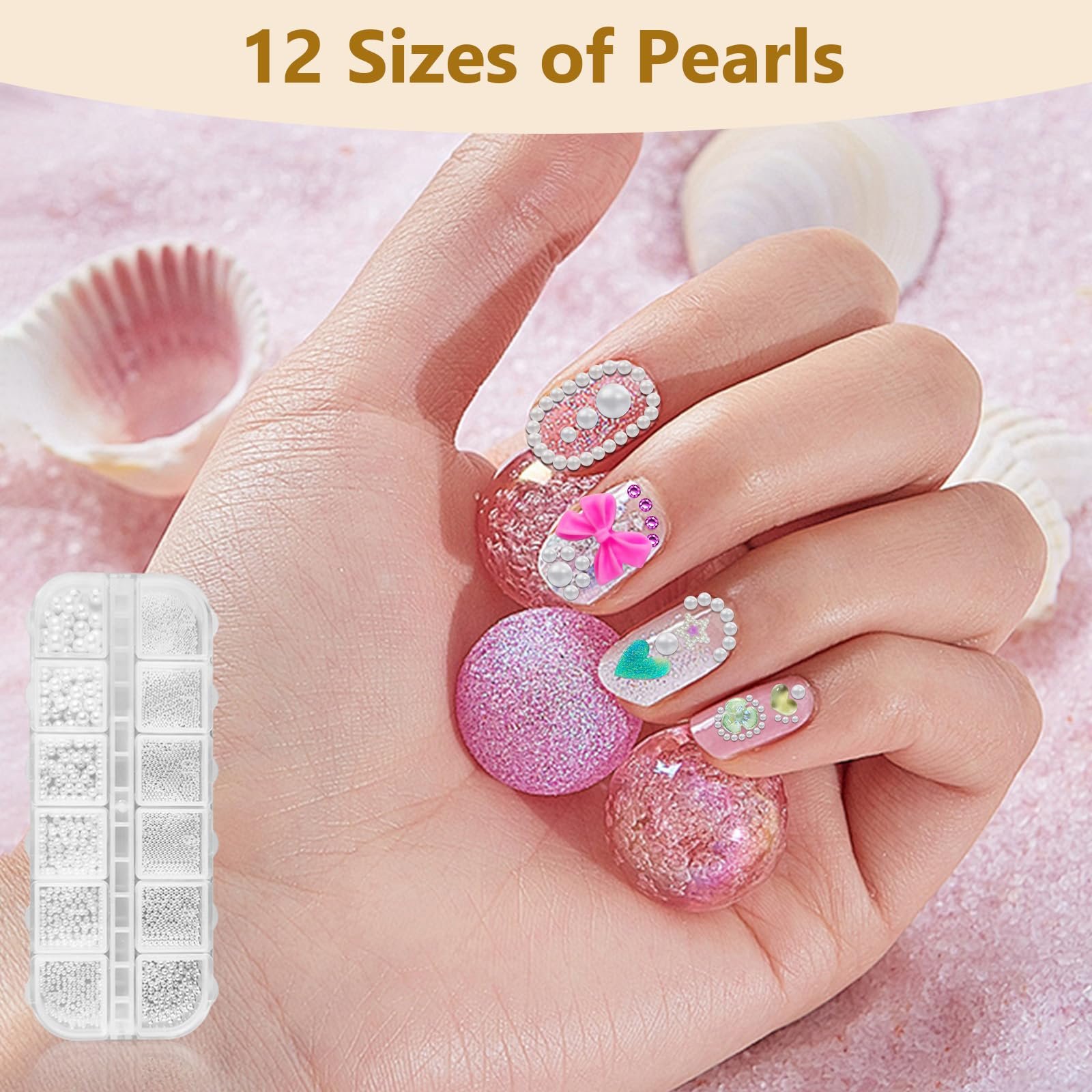 3D Підвіски для нігтів 1 Коробка 12 Розмірів Перлинні & 100 Штук, фото №3