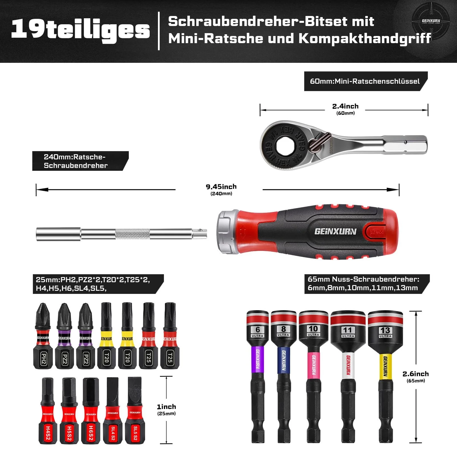 Набір реверсивних викруток 19 предметів з бітами та торцевими ключами Магнітний TPE рукоятка, фото №2