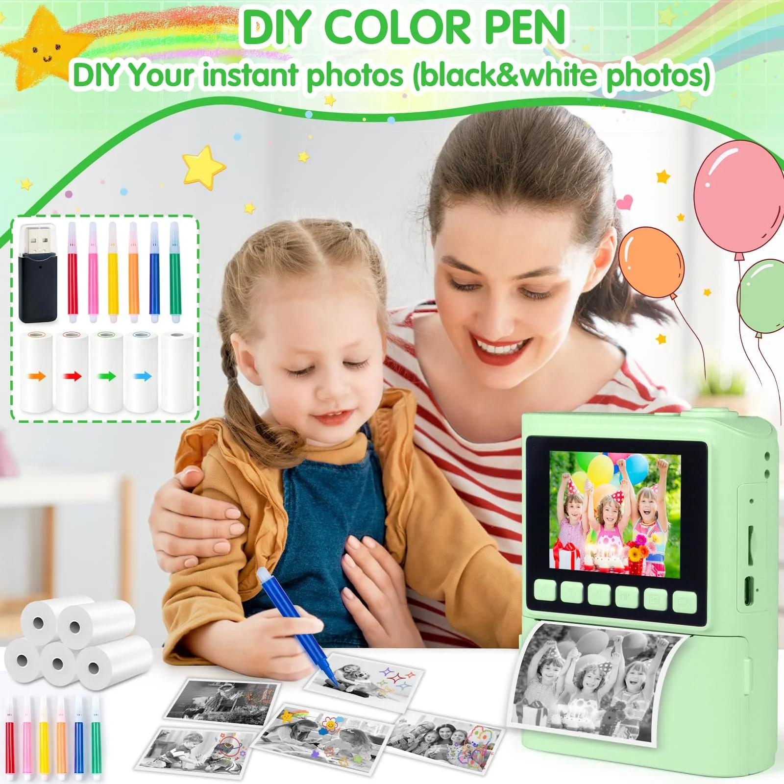 Детская фотокамера мгновенной печати 1080P HD 2.4 дюйма 32GB 6 рулонов бумаги, фото №7
