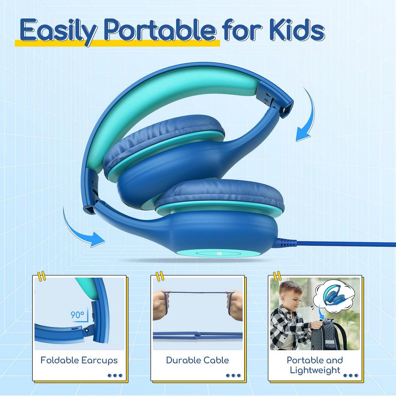 Накладные детские наушники EarFun с кабелем, ограничитель громкости 85 дБ, совместный аудио-доступ, складные, регулируемые, стерео звук, голубые, фото №7