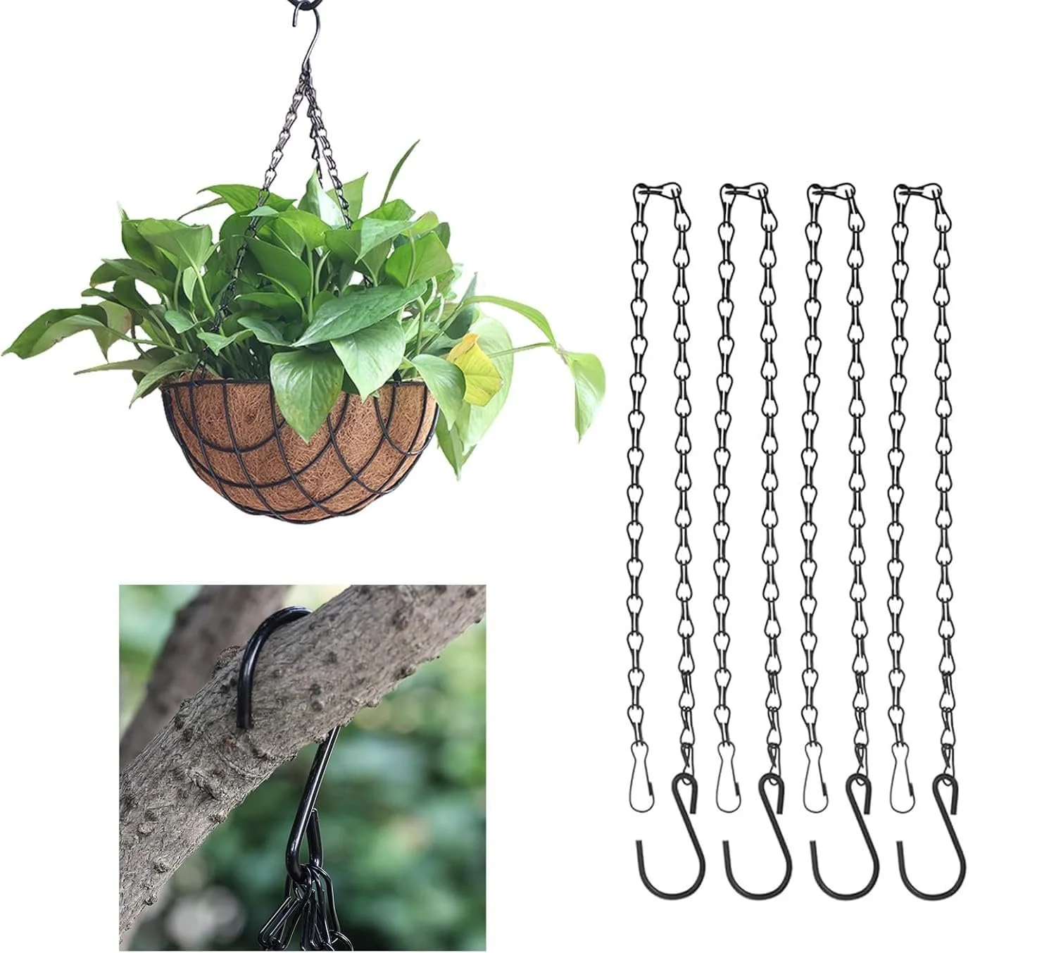 Набір ланцюгів для підвісних кошиків 4 шт. 50 см Метал Чорний з гачками та карабінами, фото №1