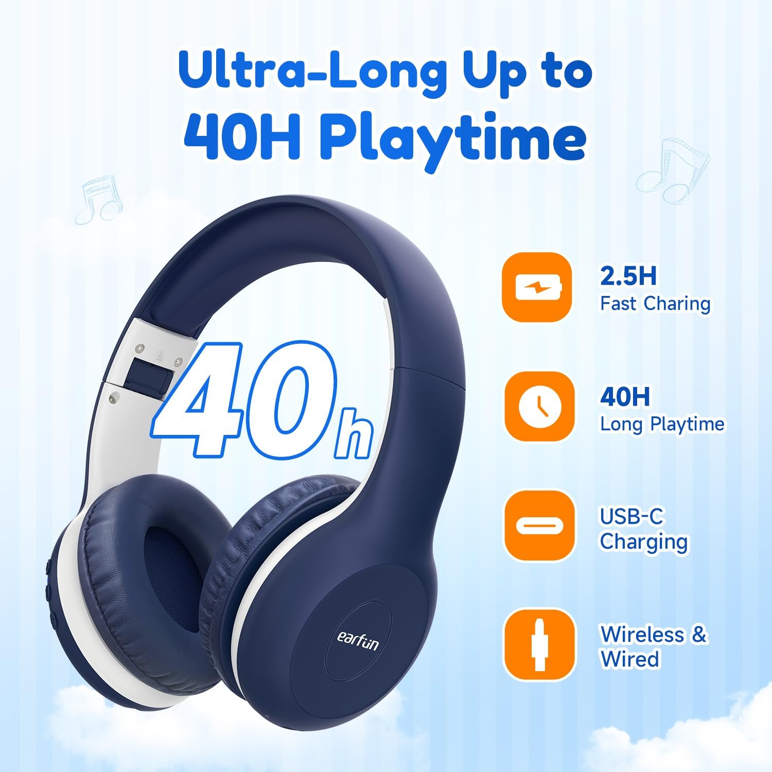 Наушники Bluetooth EarFun Детские Регулировка громкости 85/94 дБ HiFi звук HD микрофон 40 часов Батарея Складные Регулируемые Беспроводные Синий, фото №6