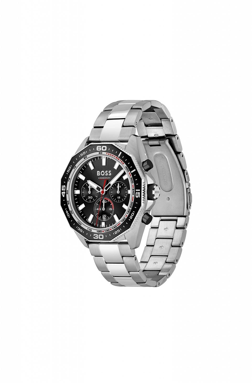 Часы BOSS Chronograph Quartz для мужчин с серебристым стальным ремешком - 1513971 черный Браслет, фото №2