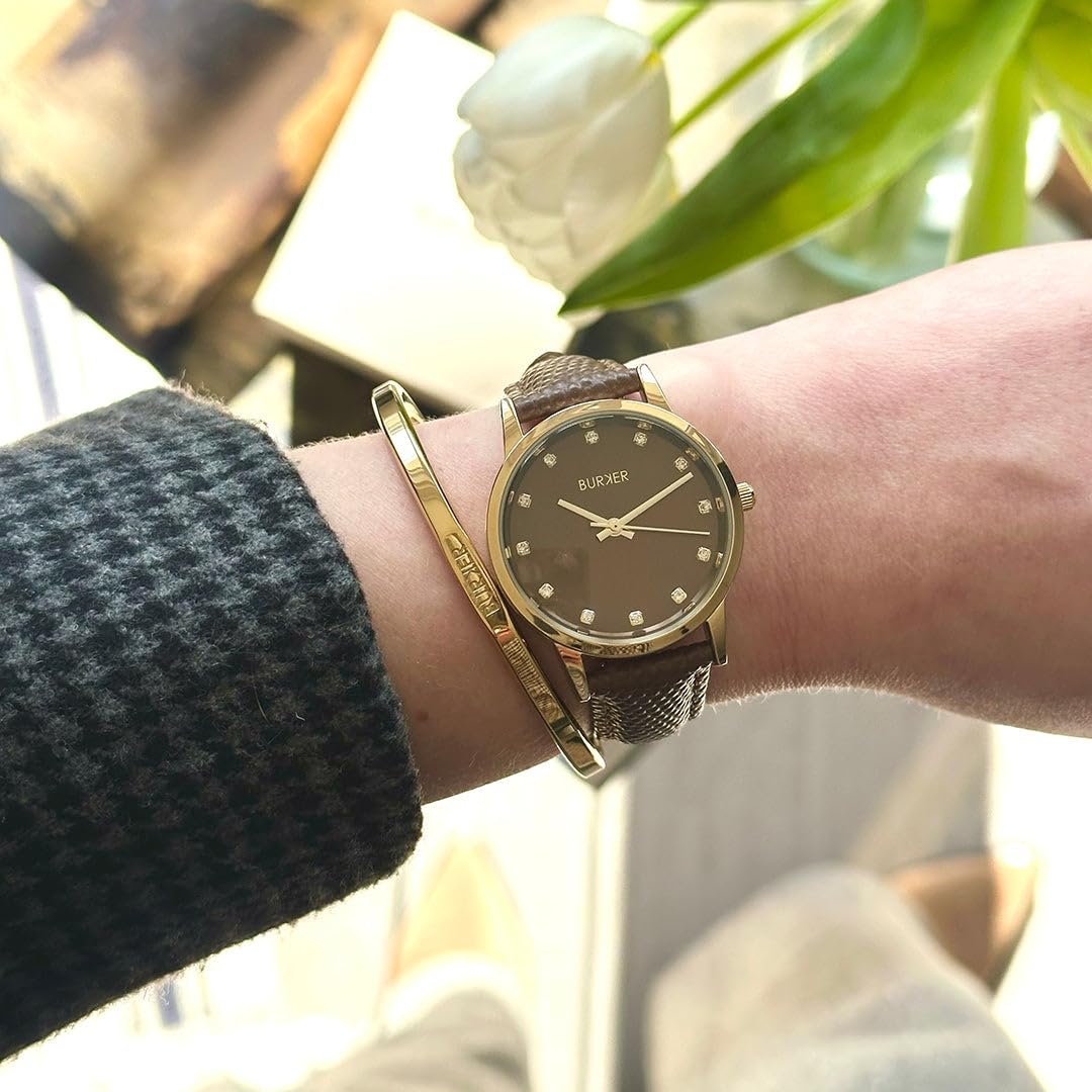 Женские часы BURKER Amy Круглые женские часы с цирконием, кожаный ремешок, нержавеющая сталь, аналоговый кварцевый, 3 ATM водонепроницаемые ">– 32 мм ">– Золотой коричневый / Коричневая кожа, Золотой коричневый - Коричневая кожа, Браслет, фото №4 Женские часы BURKER Amy Круглые женские часы с цирконием, кожаный ремешок, нержавеющая сталь, аналоговый кварцевый, 3 ATM водонепроницаемые ">– 32 мм ">– Золотой коричневый / Коричневая кожа, Золотой коричневый - Коричневая кожа, Браслет, фото №4