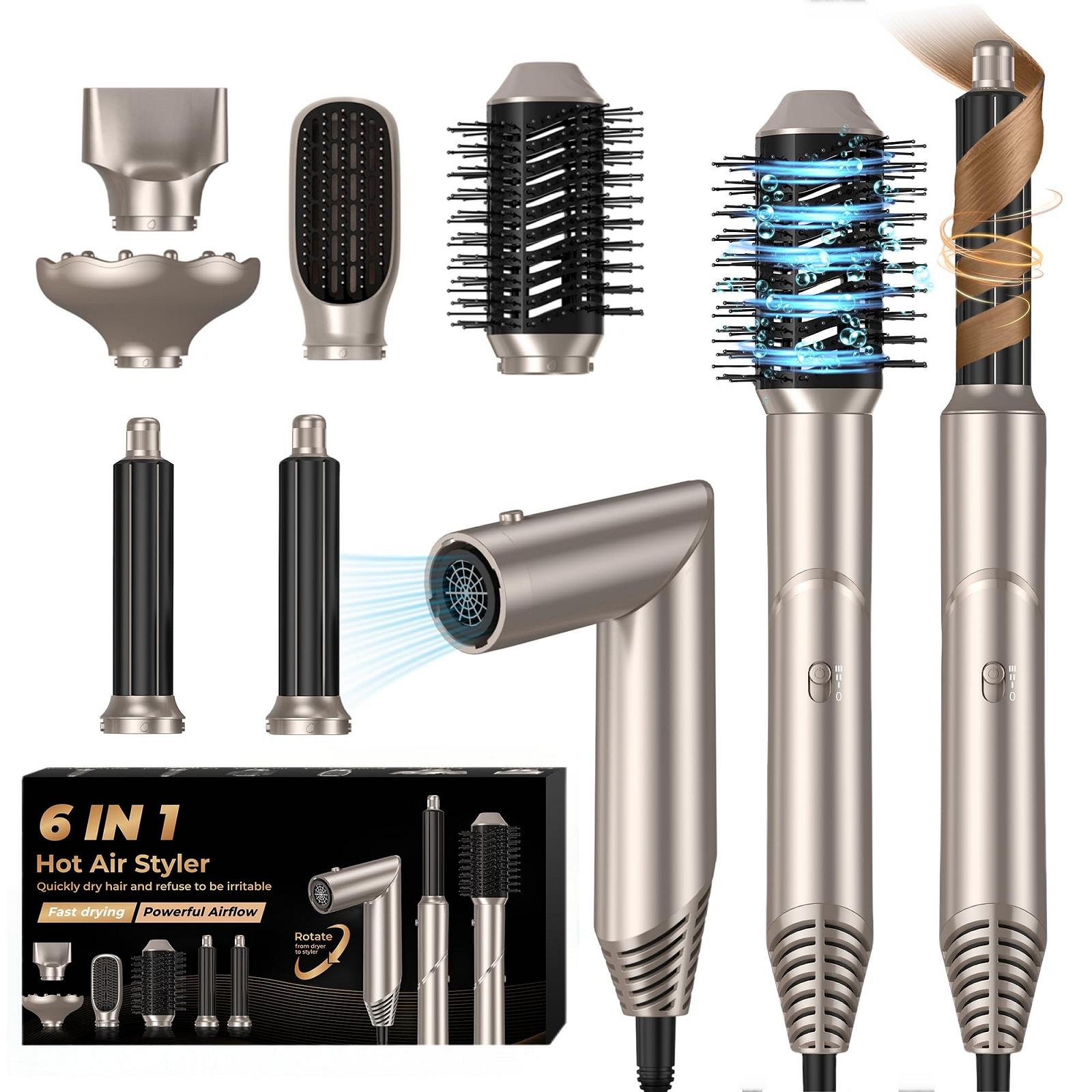Мультистайлер UKLISS Airstyler 6-в-1 Фен-щетка Набор с плойкой, диффузором, щеткой для выпрямления, круглой щеткой 60000 об/мин Золотой, фото №1