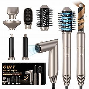 Мультистайлер UKLISS Airstyler 6-в-1 Фен-щетка Набор с плойкой, диффузором, щеткой для выпрямления, круглой щеткой 60000 об/мин Золотой - Фото 1