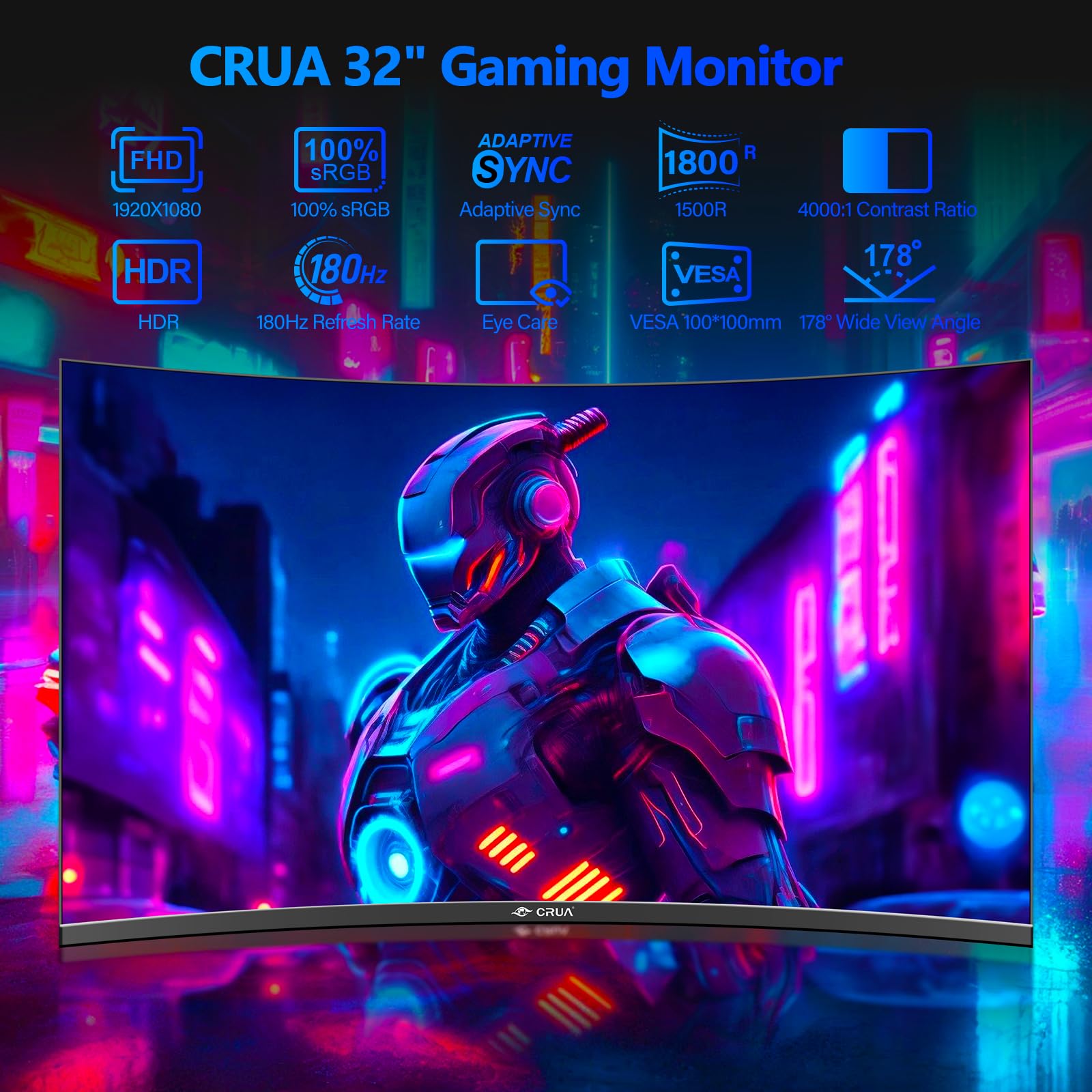 Монітор CRUA Gaming Curved 32 дюйми FHD 1K 144Hz 165Hz 180Hz 1500R чорний, фото №2