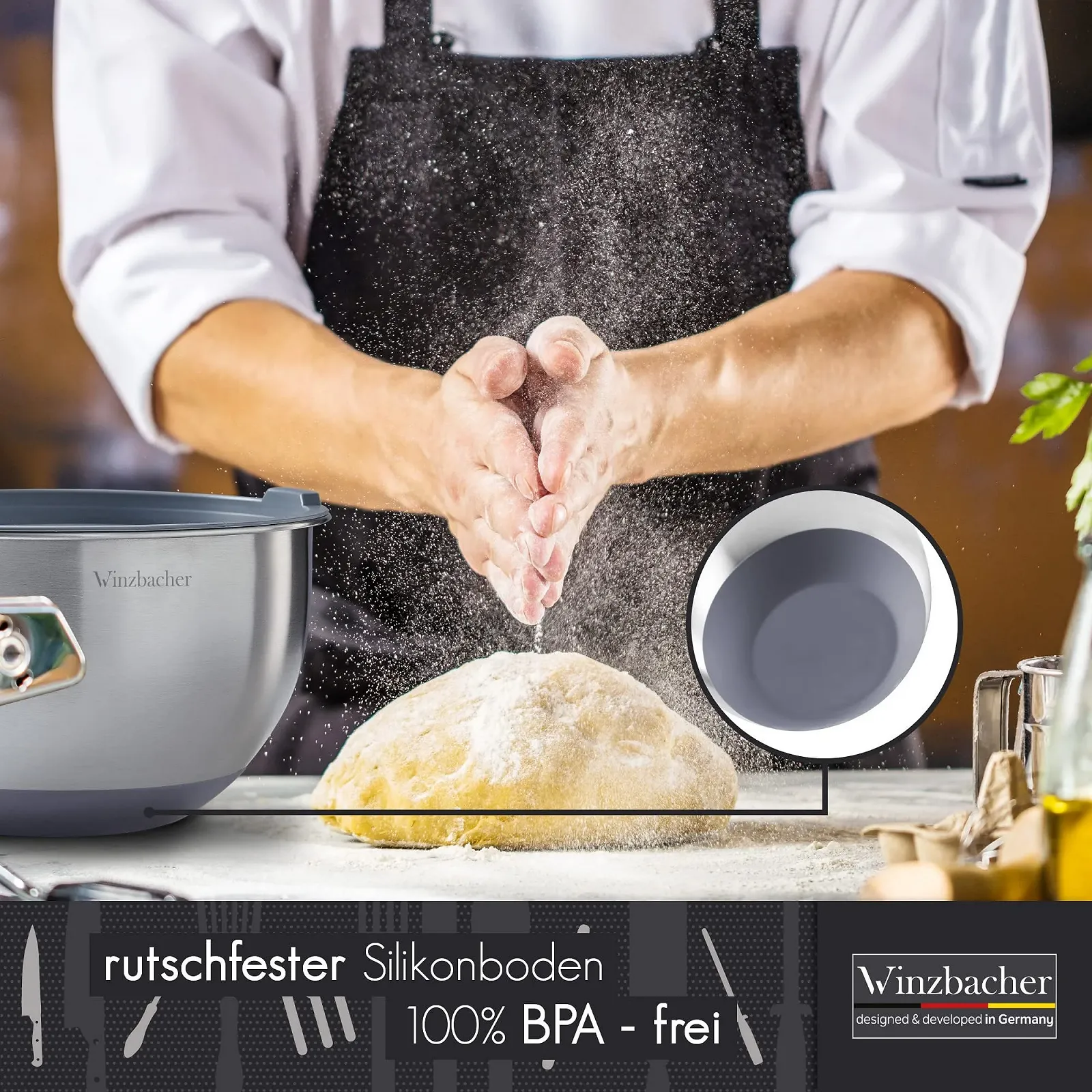 Набор мисок Winzbacher с крышками 5 шт 1л, 1,5л, 2,5л, 3,5л, 4,5л нержавеющая сталь, фото №3 Набор мисок Winzbacher с крышками 5 шт 1л, 1,5л, 2,5л, 3,5л, 4,5л нержавеющая сталь, фото №3