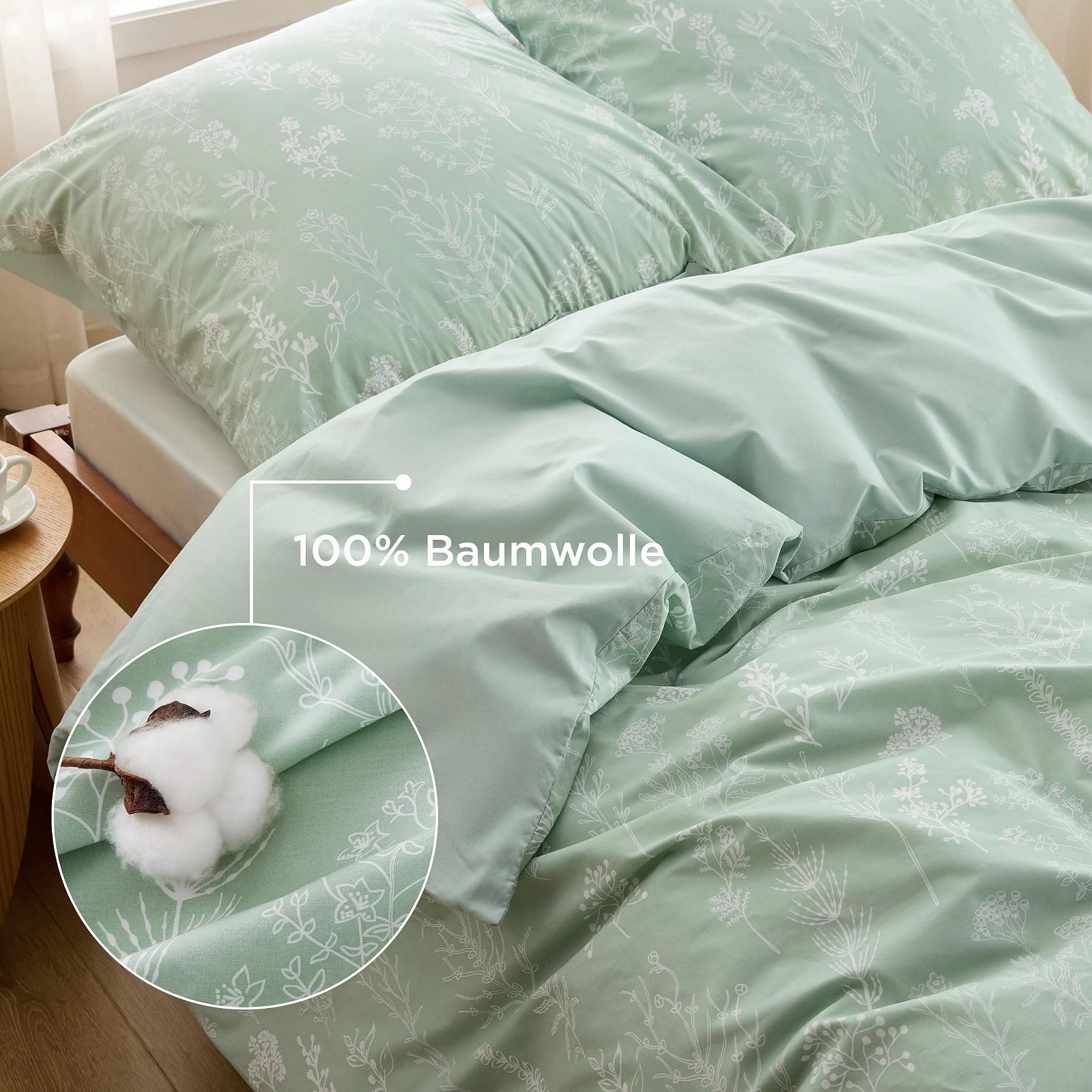 Постільна білизна BEDSURE 155 x 220 см, Бавовна, Зелений, Комплект з 3 предметів з 2 наволочками 80 x 80 см, на блискавці, візерунок - Рослини та квіти, фото №3