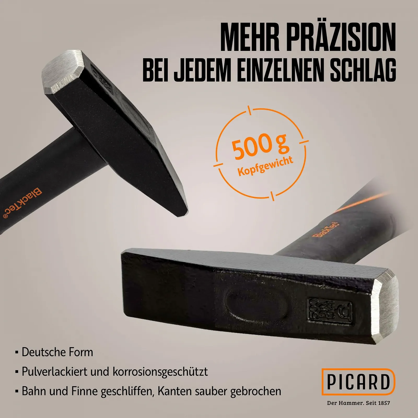 Молоток слесарный Picard BlackTec 0032700-0500 500 г с пластиковой ручкой DIN 1041, фото №3 Молоток слесарный Picard BlackTec 0032700-0500 500 г с пластиковой ручкой DIN 1041, фото №3