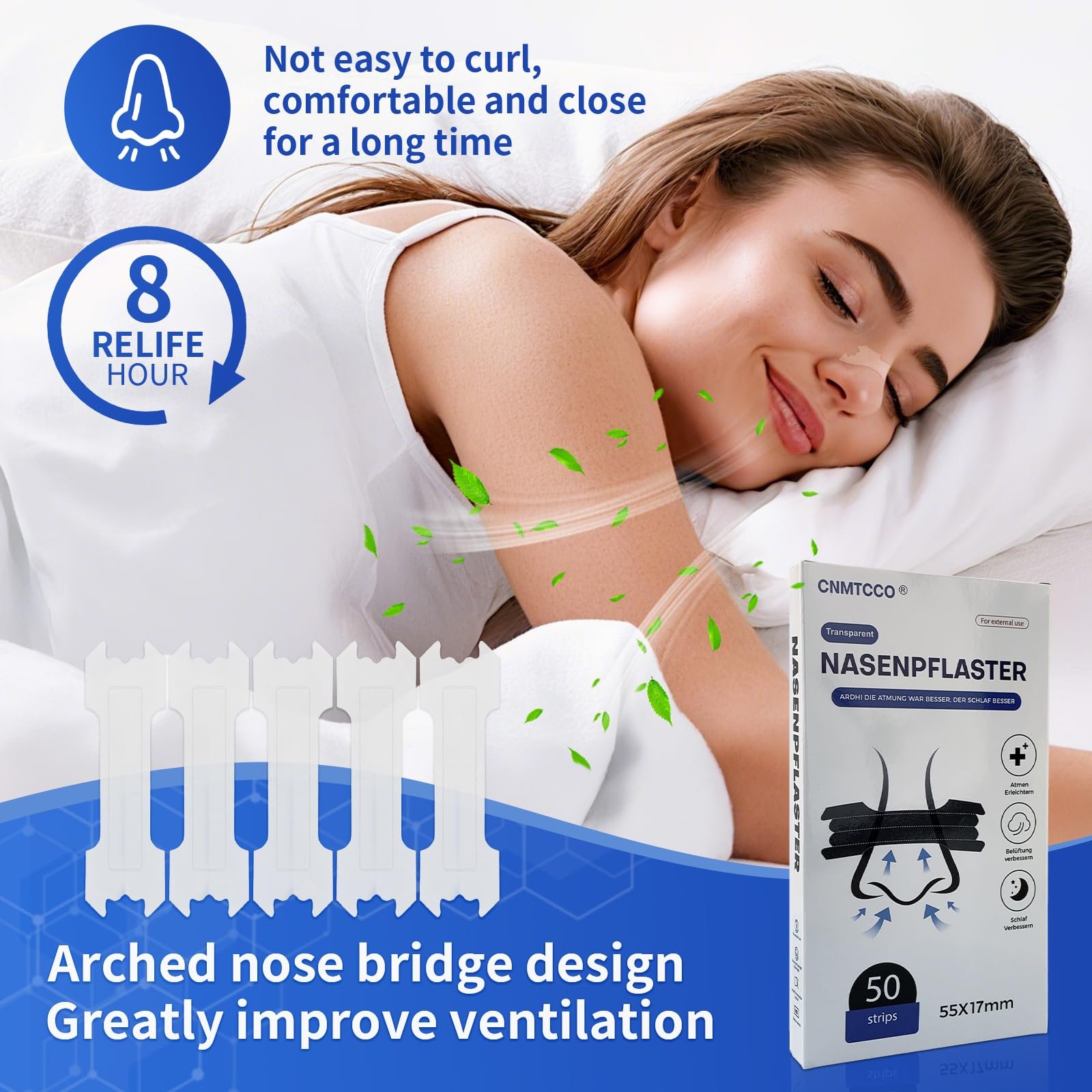 Пластыри на нос CNMTCCO, Чрезвычайно прочные плдля лучшего дыхания, облегчение заложенности носа через насморк и аллергию, улучшение сна (Прозрачные, 50 штук, 55 x 16 мм), фото №6