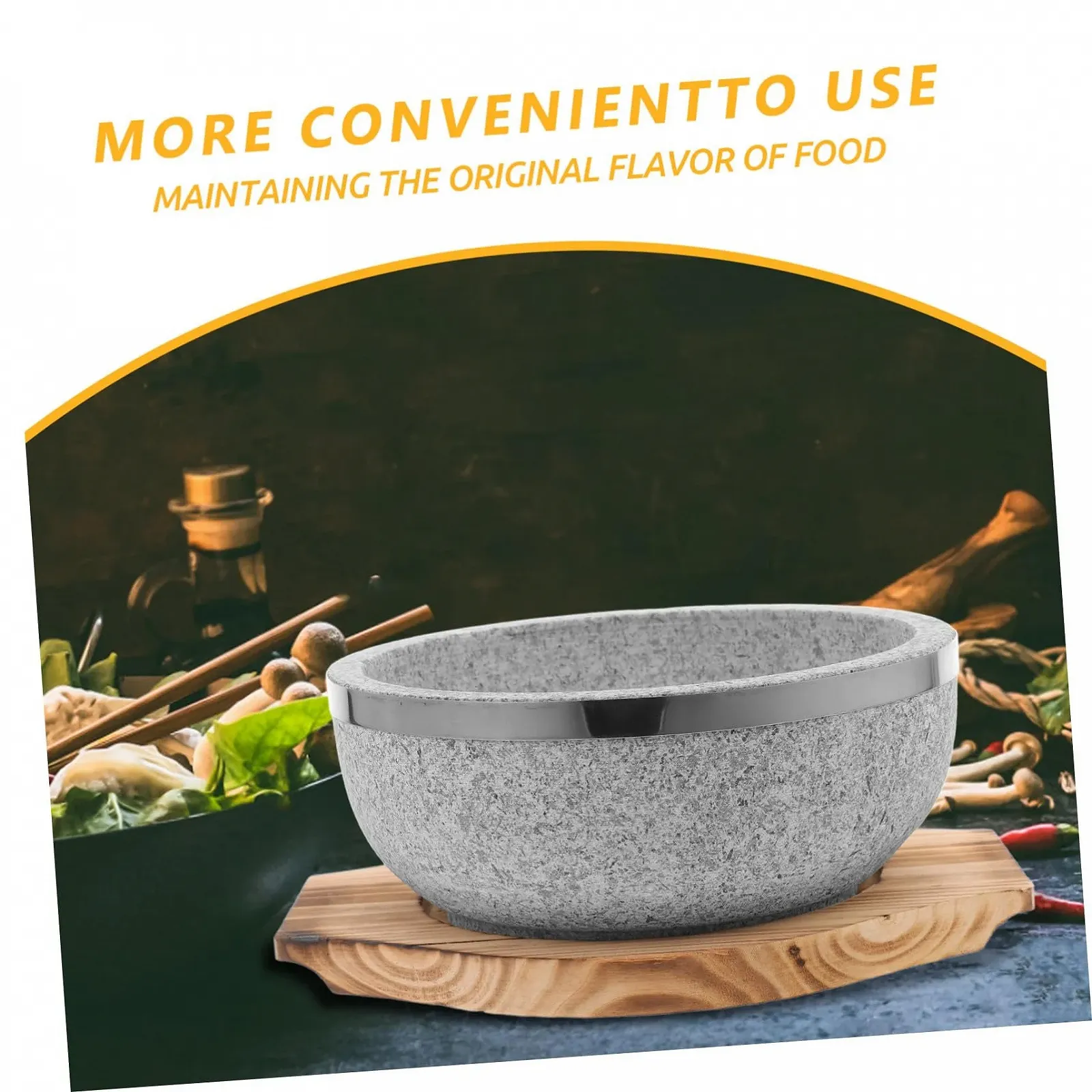 Горшок каменный с деревянной подставкой для бибимбапа большой жаропрочный, фото №6