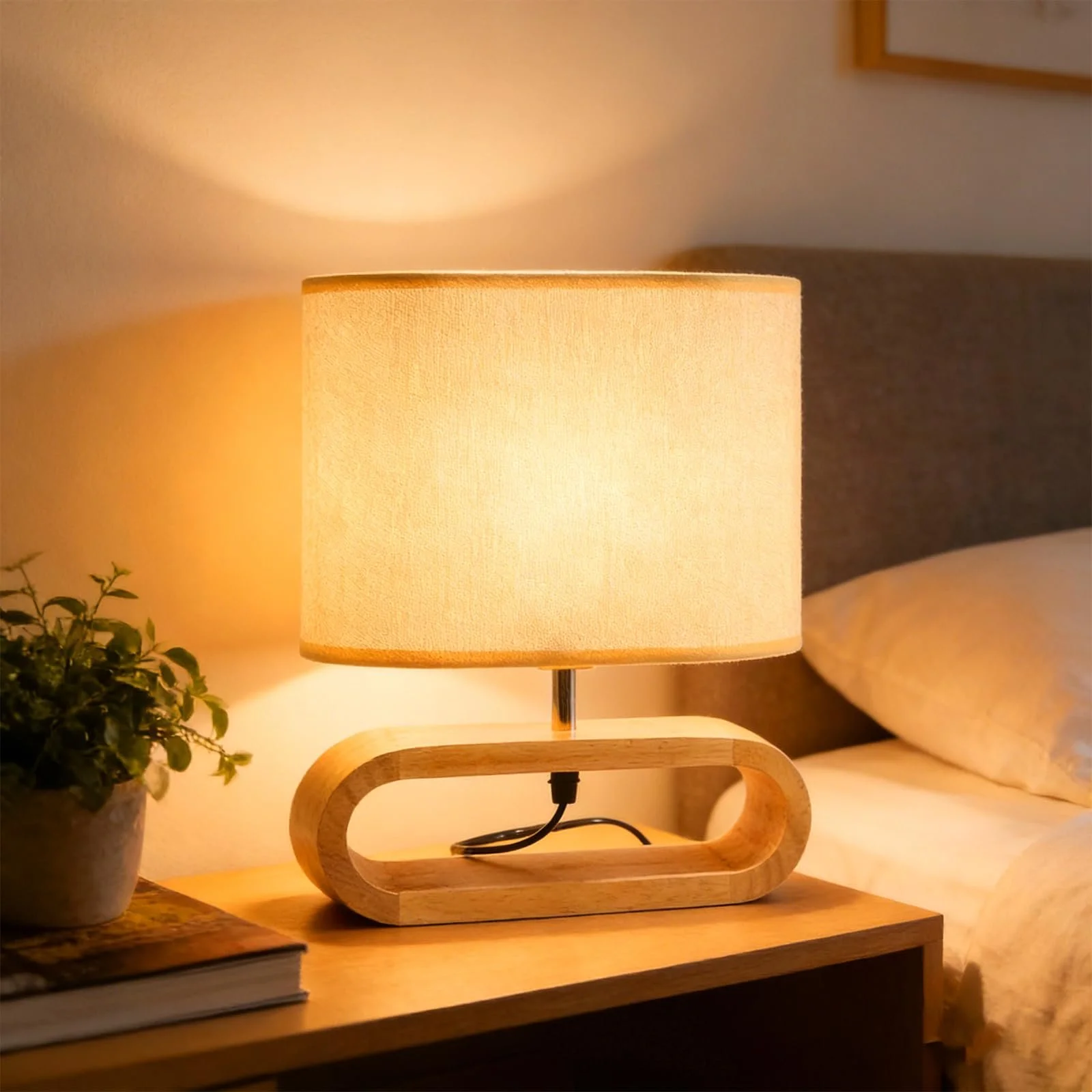Настільна лампа SUNOYA дерев'яна з лляним плафоном та 3 режимами світла, фото №6