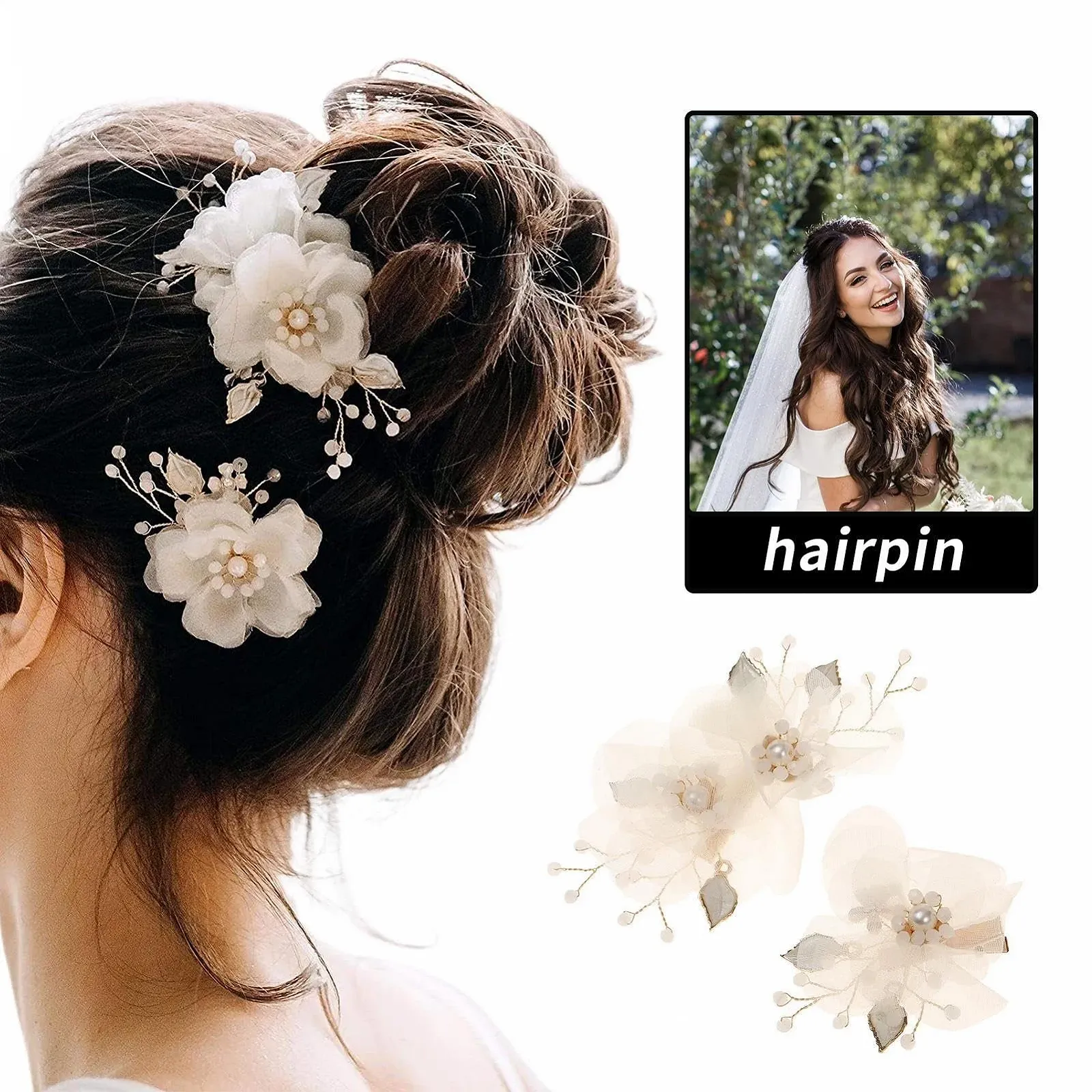 Заколки для волос с жемчугом, 2 шт. Бежевые цветы из тюля с жемчугом и металлическими вставками, фото №6 Заколки для волос с жемчугом, 2 шт. Бежевые цветы из тюля с жемчугом и металлическими вставками, фото №6