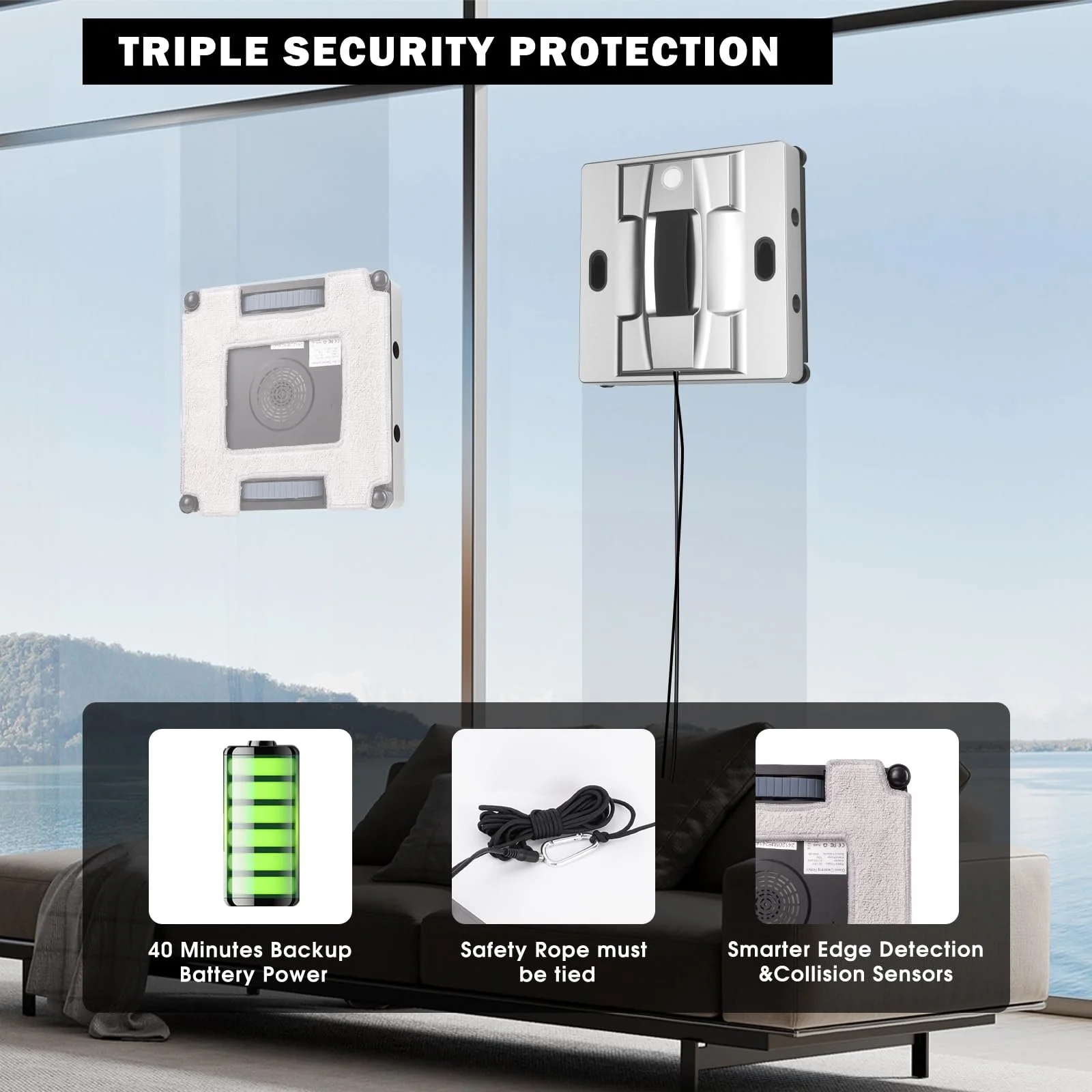 Робот для миття вікон KUIKIBO K2 з функцією розпилення, 6000Pa, тихий, з 4 змінними серветками, підходить для рамного/безрамного скла, фото №4
