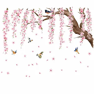 Наклейки на стіну Квіти персика та птахи DIY Рожеві - Фото 1