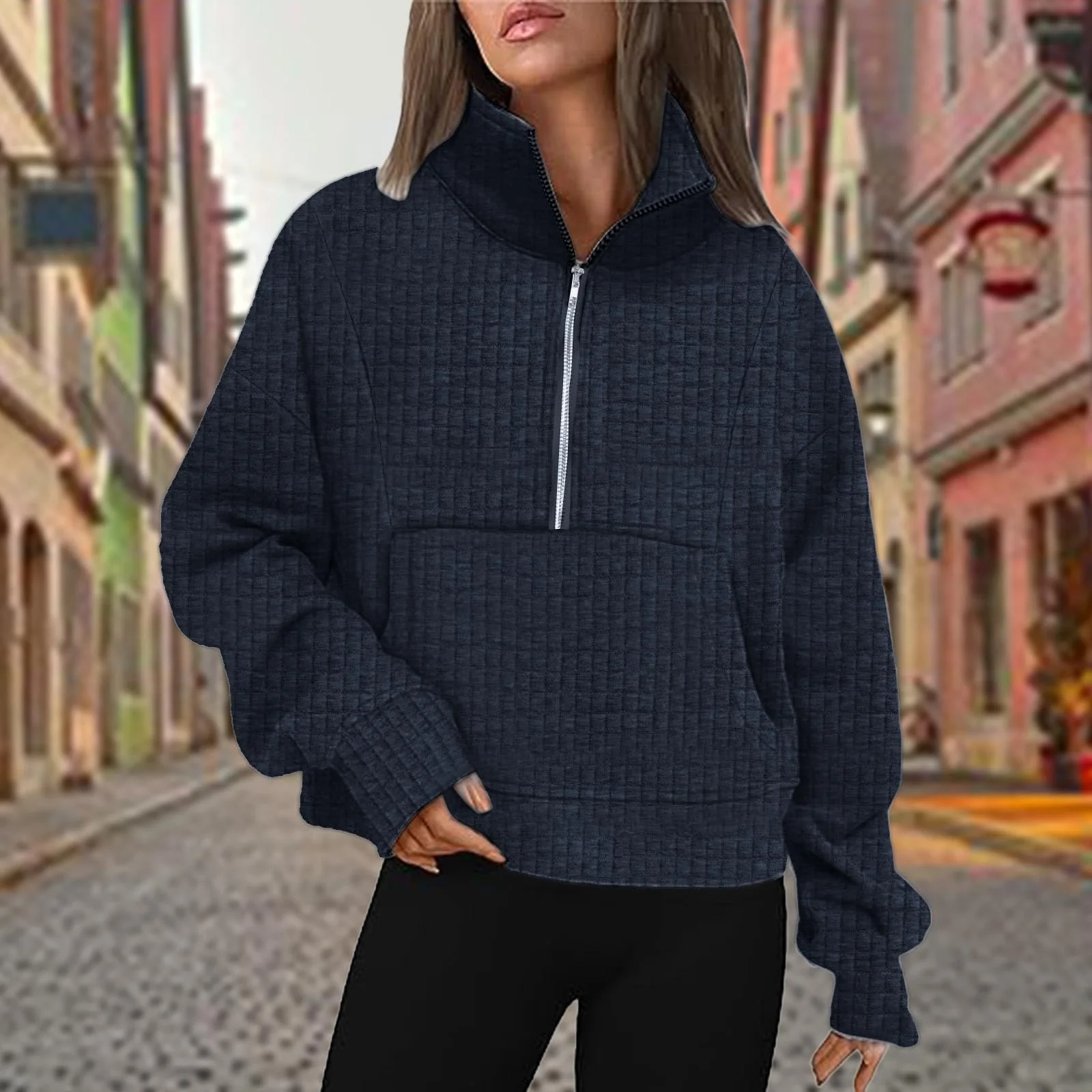 Женский свитшот на молнии Модный свободный укороченный свитер с воротником Спортивный вафельный 2025, фото №2