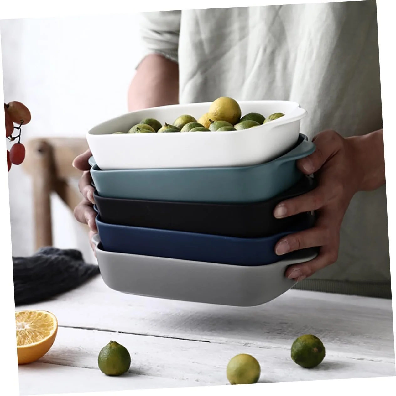 Форма для запекания OUNONA керамическая прямоугольная с ручками термостойкая белая, фото №4