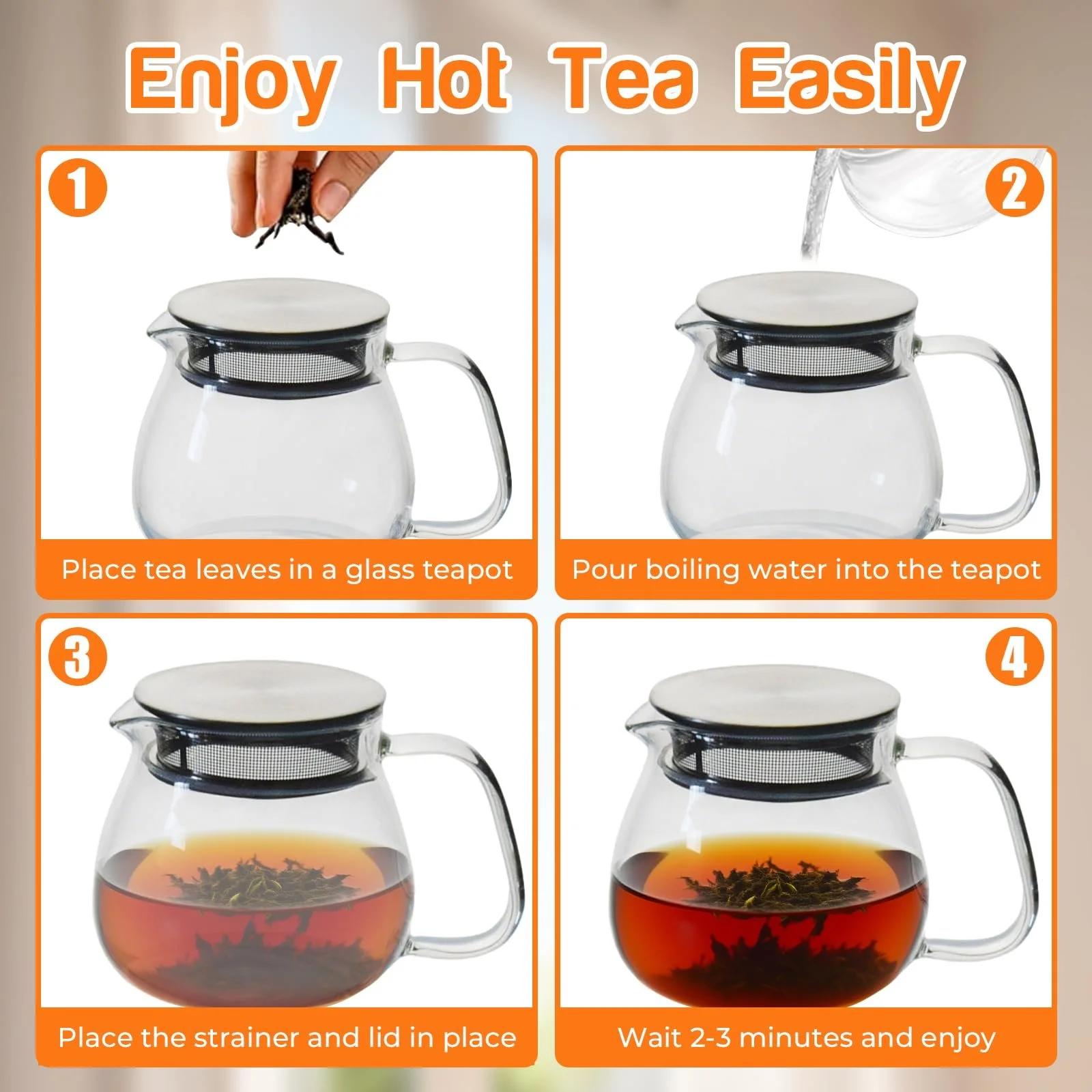 Стеклянный Чайник-заварник Круглая Форма 460 мл с ситечком и фильтром из нержавеющей стали, фото №5