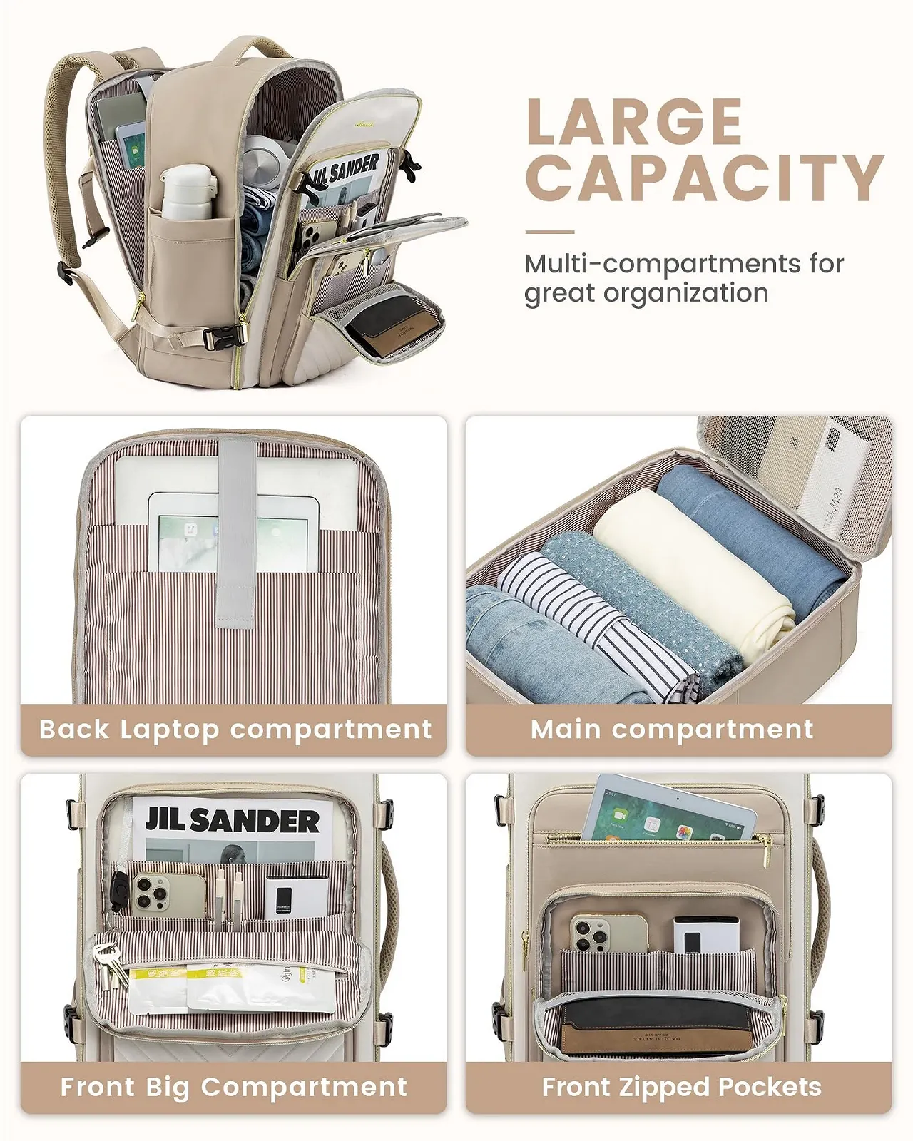 Рюкзак для ноутбука LOVEVOOK 17 дюймів 40L Ручна поклажа Водонепроникний Beige Khaki, фото №5