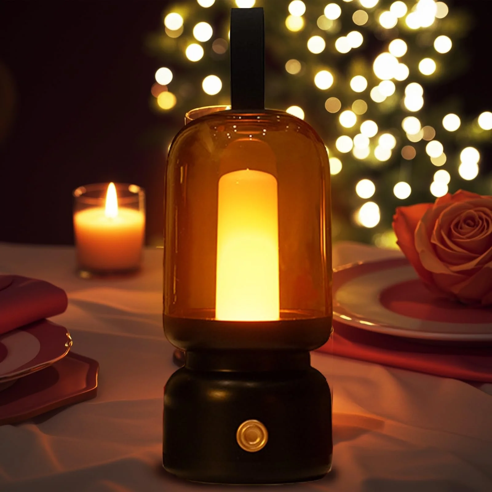 Настільна лампа-ліхтар Ретро LED портативна бездротова 1800 K режим мерехтіння свічки 14 год роботи чорна, фото №1