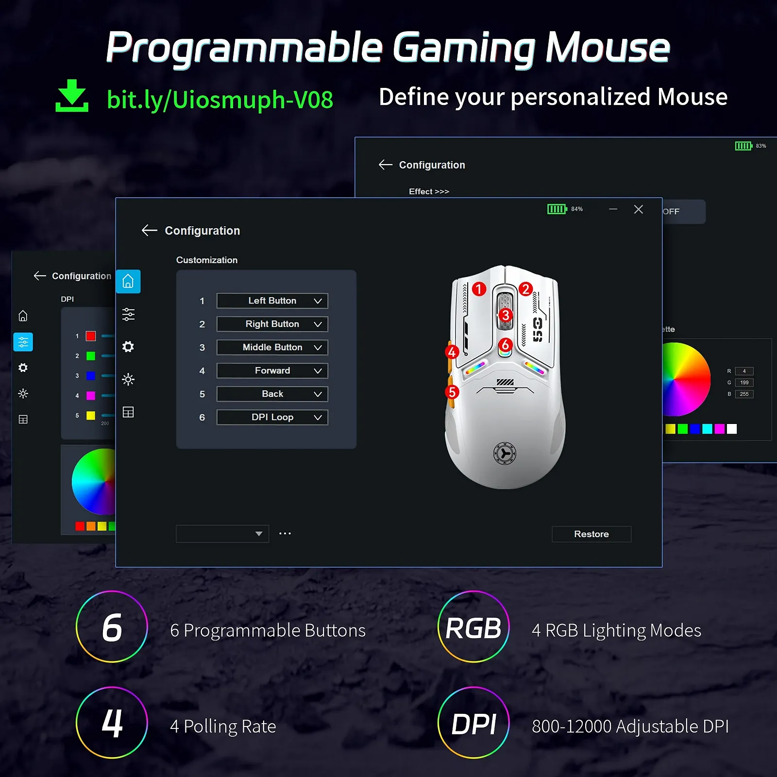 Миша Бездротова Ігрова Uiosmuph V08 2.4G/Bluetooth/USB C з кабелем, Перезаряджувана, 6 Програмованих Кнопок, 12000 DPI, Магнітна Кришка Honeycomb, фото №4