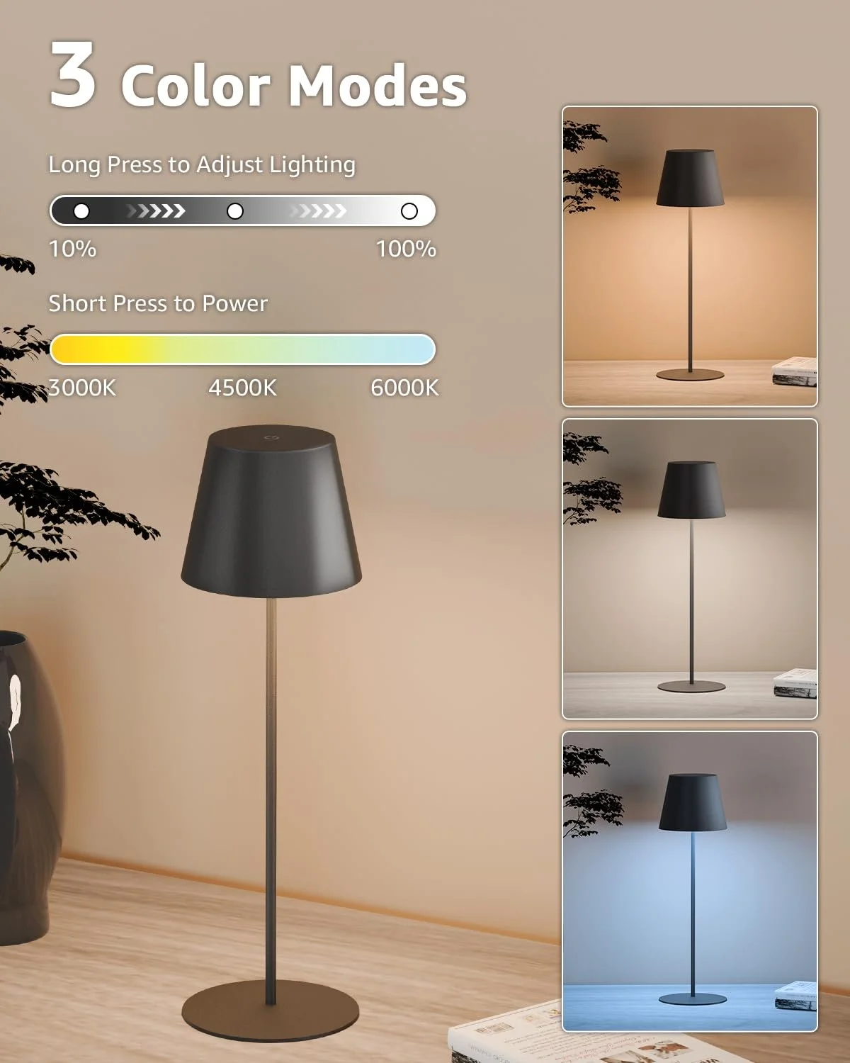 Настільна лампа FUYO LED акумуляторна бездротова USB-C сенсорна димована комплект 2 шт. чорна, фото №3