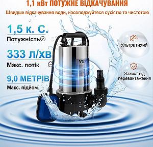 Насос для перекачки чистой и грязной воды VEVOR QSB-2JH-1100B96 / 1100 Вт / 20000 л/ч / Нержавеющая сталь / Серебристый цена на synthetic.ua - Фото 1 Насос для перекачки чистой и грязной воды VEVOR QSB-2JH-1100B96 / 1100 Вт / 20000 л/ч / Нержавеющая сталь / Серебристый synthetic.ua - Фото 1