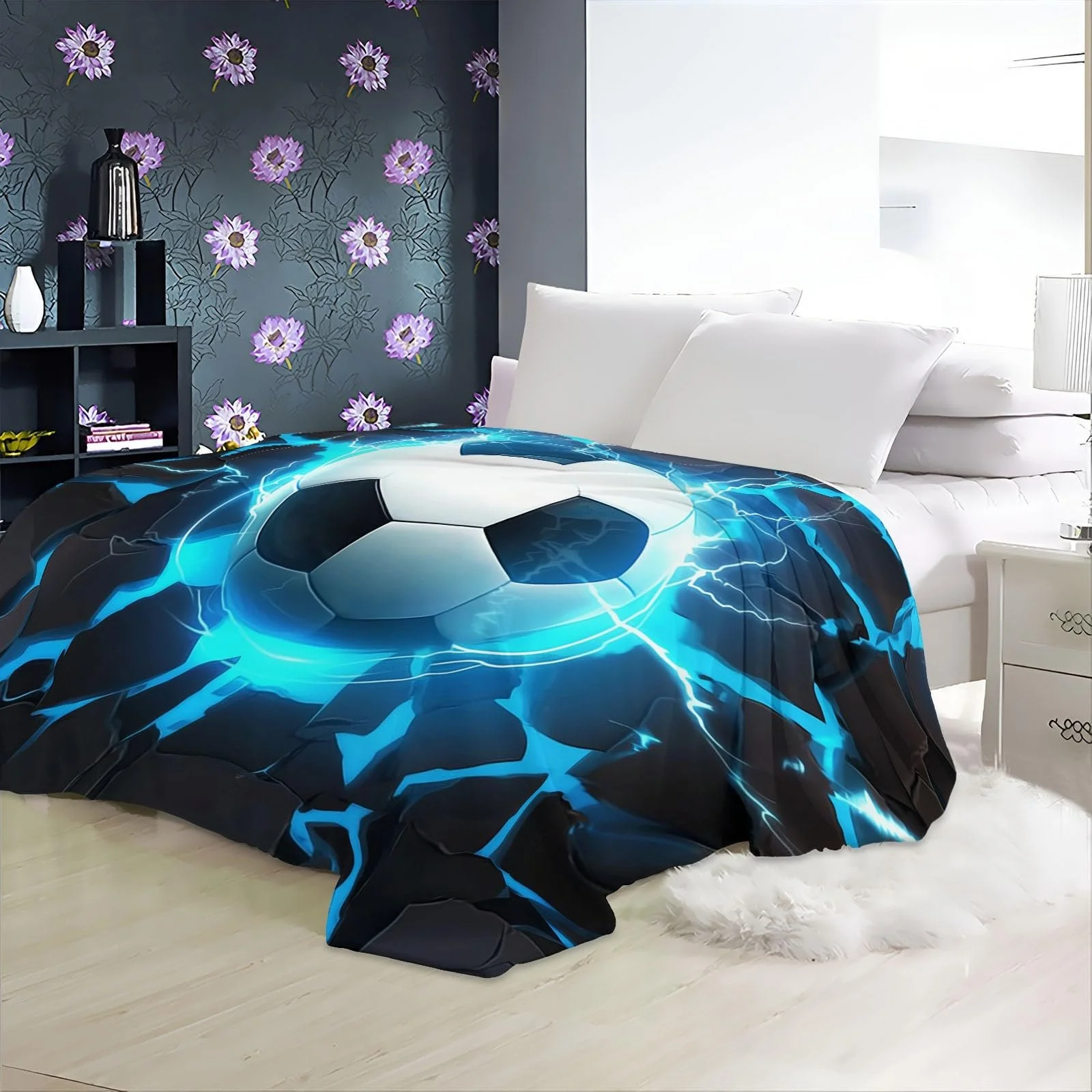 М'яка Покривало Однотонний 3D Футбольний м'яч Високоякісний фланель, Синій Чорний, 180 x 220 см, фото №6