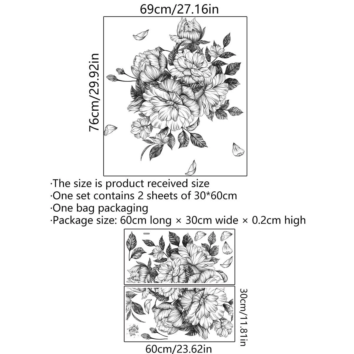 Наклейка на стіну Runtoo Квіти Півонії Чорна, фото №4