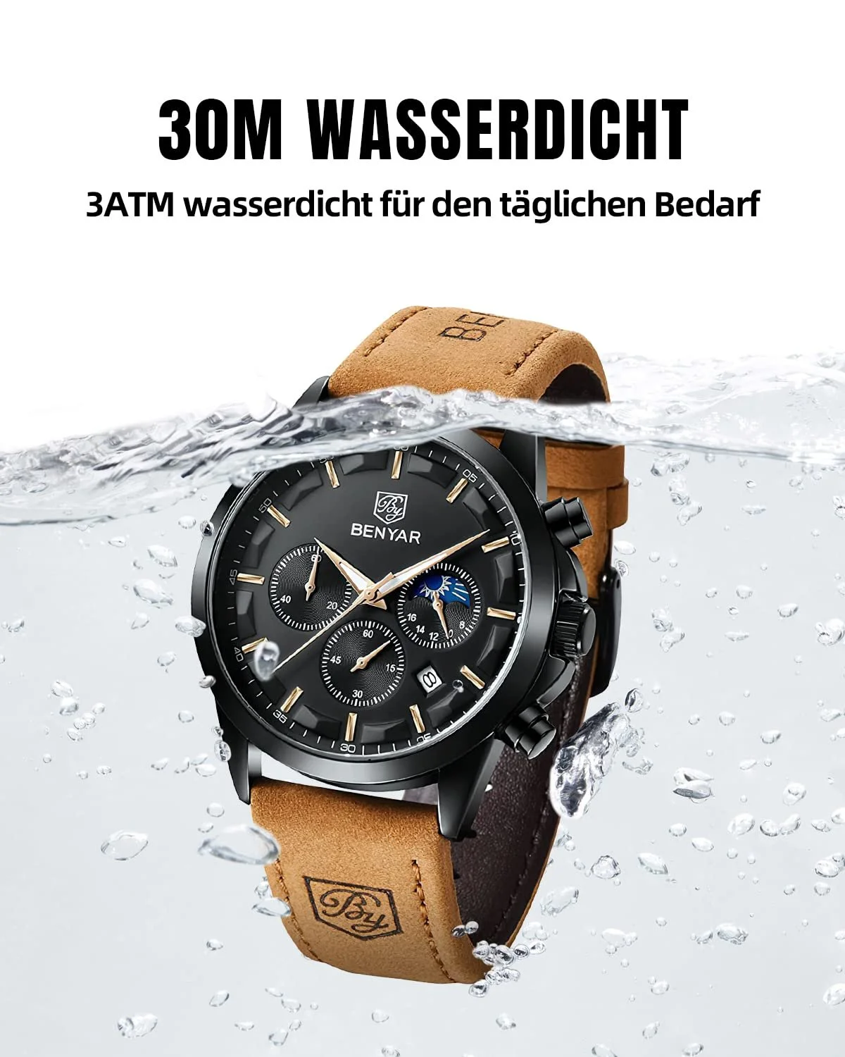 Мужские часы Benyar Хронограф Водонепроницаемые Кожаный Ремешок / Нержавеющая сталь Кварц Золотой / Серебряный / Синий / Черный, фото №4 Мужские часы Benyar Хронограф Водонепроницаемые Кожаный Ремешок / Нержавеющая сталь Кварц Золотой / Серебряный / Синий / Черный, фото №4