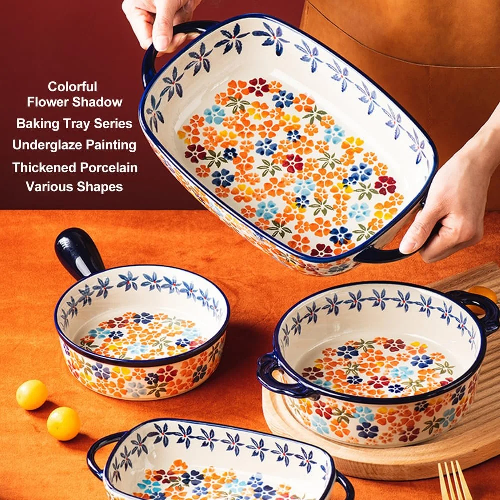 Противень Dxcaicc Керамический с одной ручкой Пятилистный цветок Синий Оранжевый Красный, фото №4