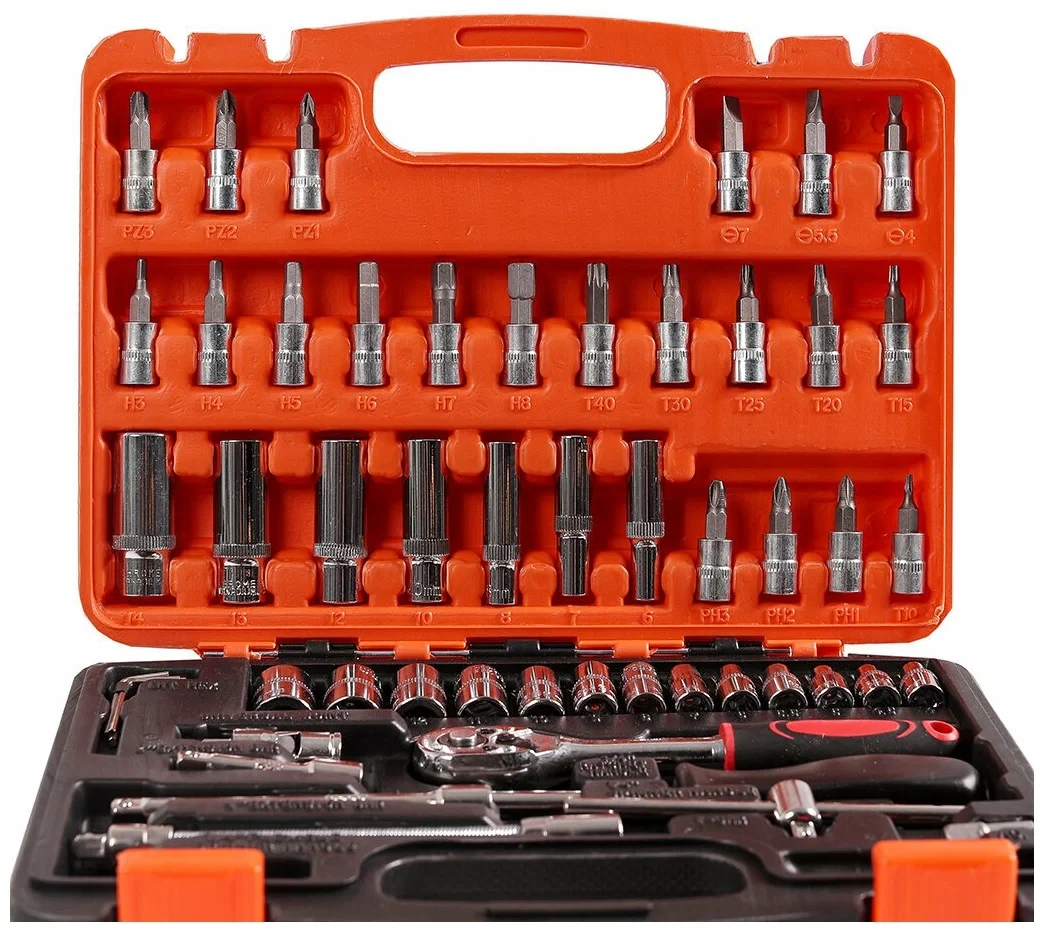 Набор торцевых головок бит с трещеткой 1/4" удлинитель вороток ключи SHUNDA 53 предмета, фото №5