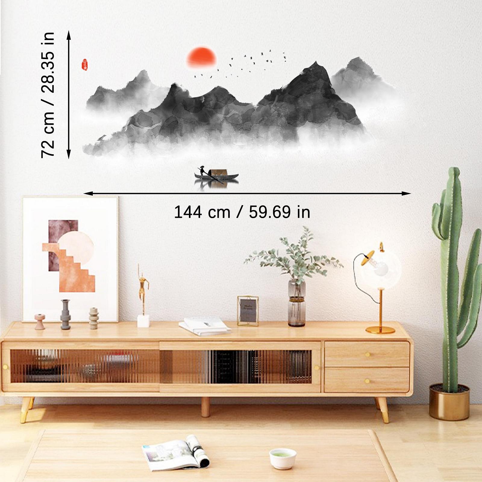 Наклейка на стіну duoyif Mountains Silhouette Rivers Birds Moon Fishing Boat 144 x 72 см Чорний, фото №2