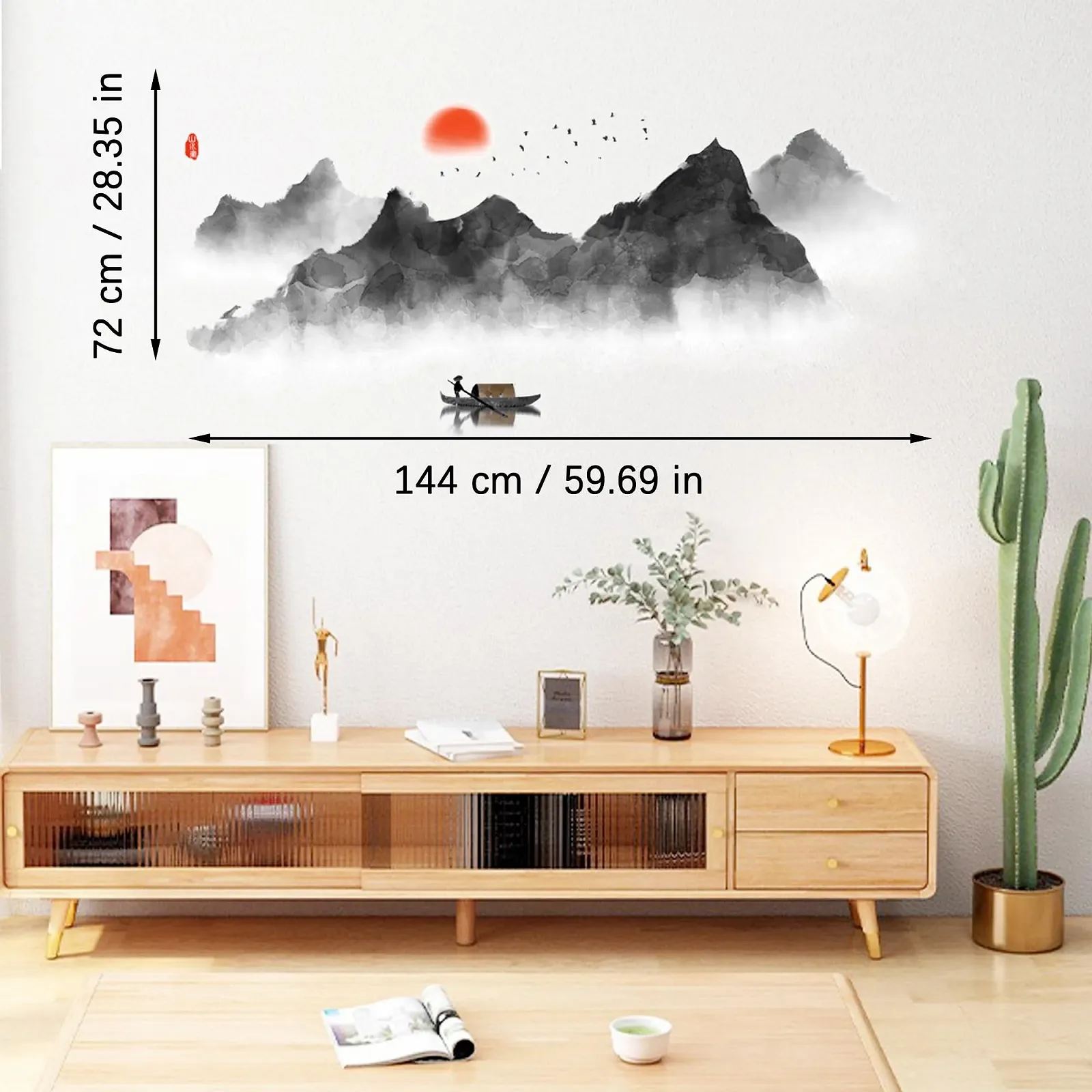Наклейка на стену duoyif Mountains Silhouette Rivers Birds Moon Fishing Boat 144 x 72 см Черный, фото №2