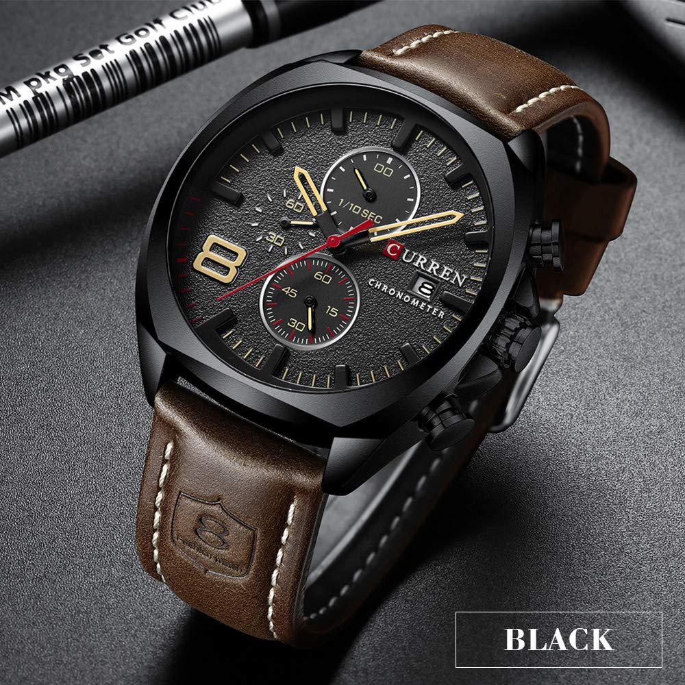 Мужские часы с хронографом на кожаном ремешке Classic Casual из нержавеющей стали водонепроницаемые с датой аналоговые кварцевые, чёрные, фото №2 Мужские часы с хронографом на кожаном ремешке Classic Casual из нержавеющей стали водонепроницаемые с датой аналоговые кварцевые, чёрные, фото №2