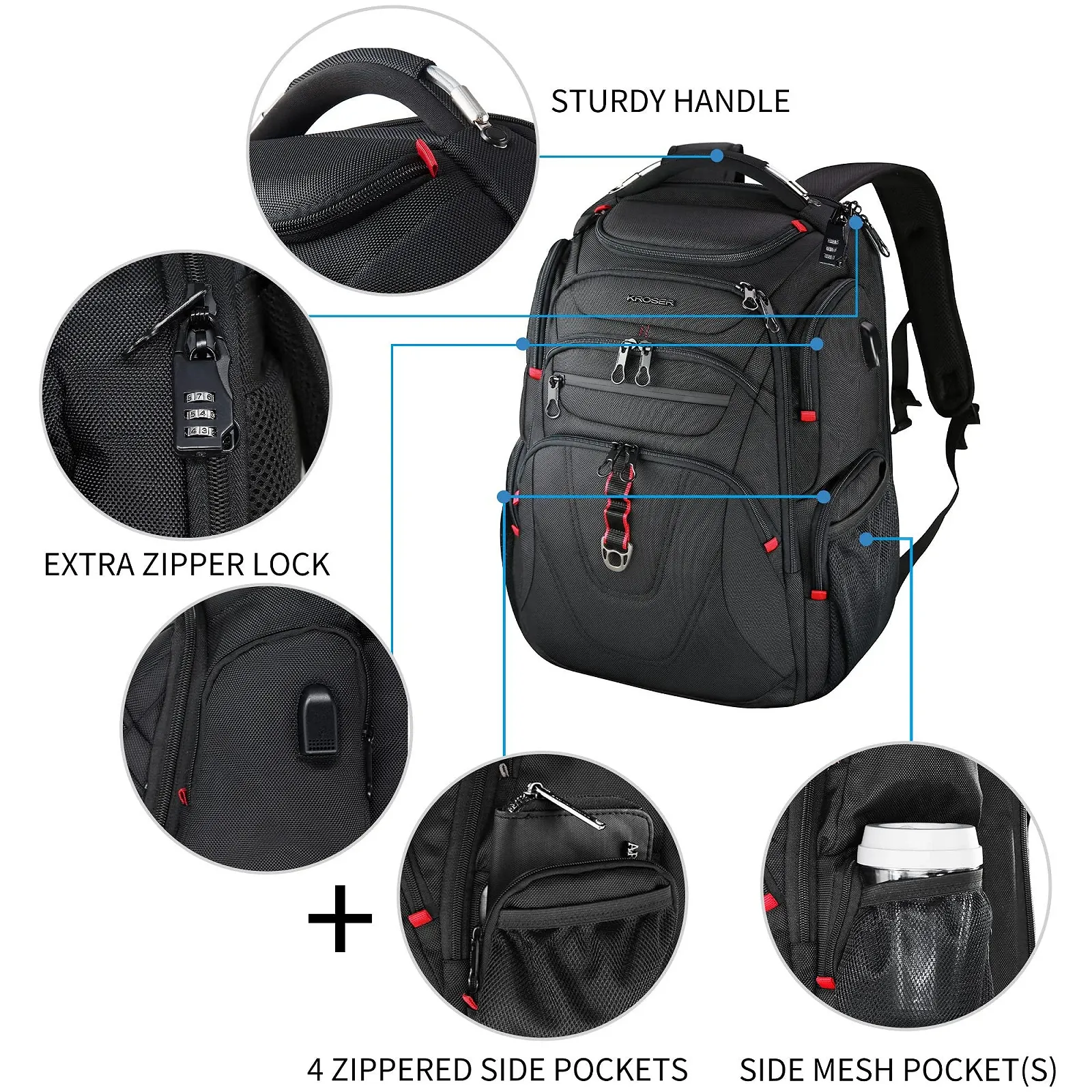 Рюкзак для ноутбука KROSER 17.3" Business Travel Waterproof RFID Black, фото №5