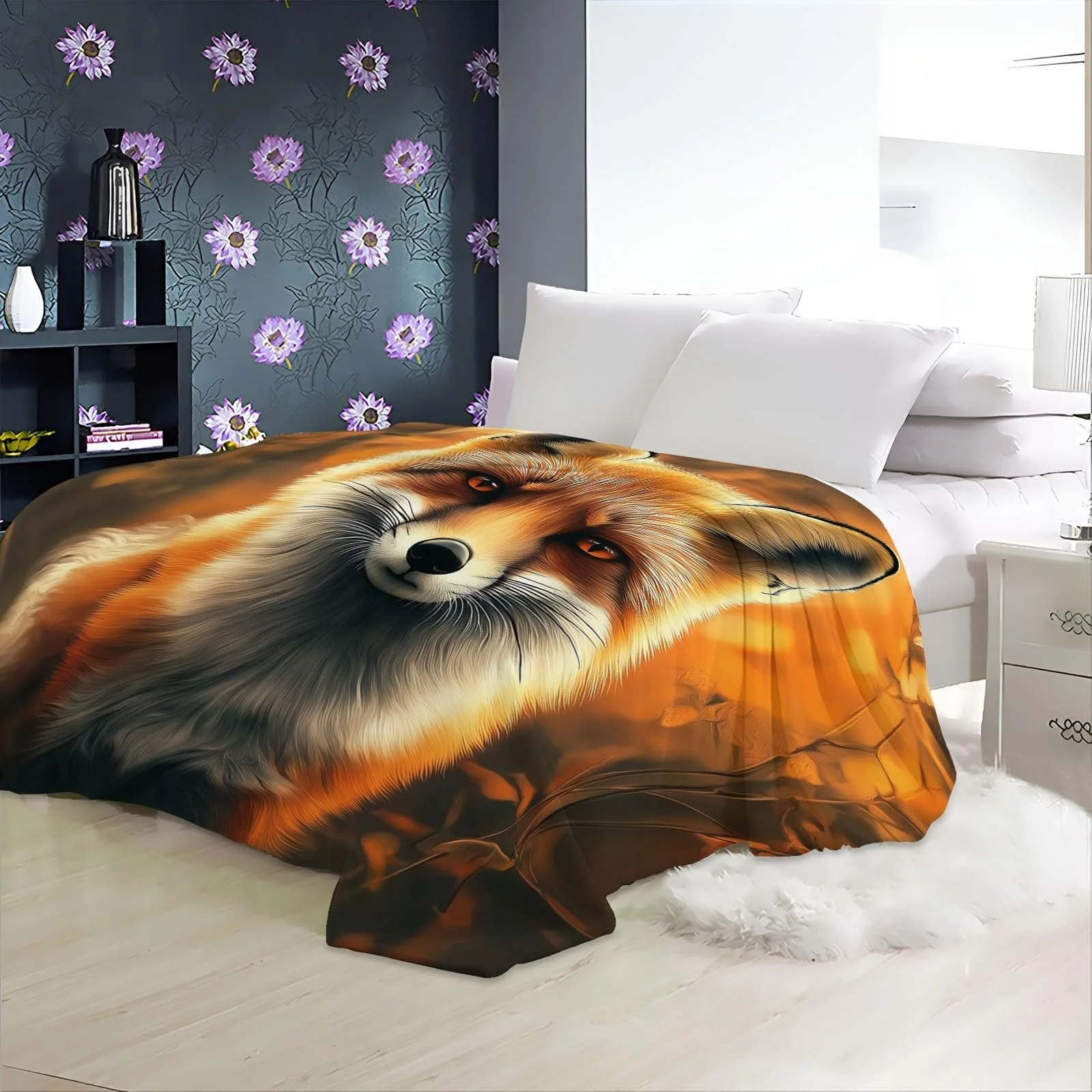 Одеяло Флисовое Мягкое Теплое С Мотивом Лисы, Лесных Листьев 180 x 220 см Коричневое, фото №2