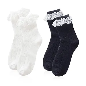 Носки вязаные с кружевом 2 пары Женские носки до середины икры Черный - Фото 1