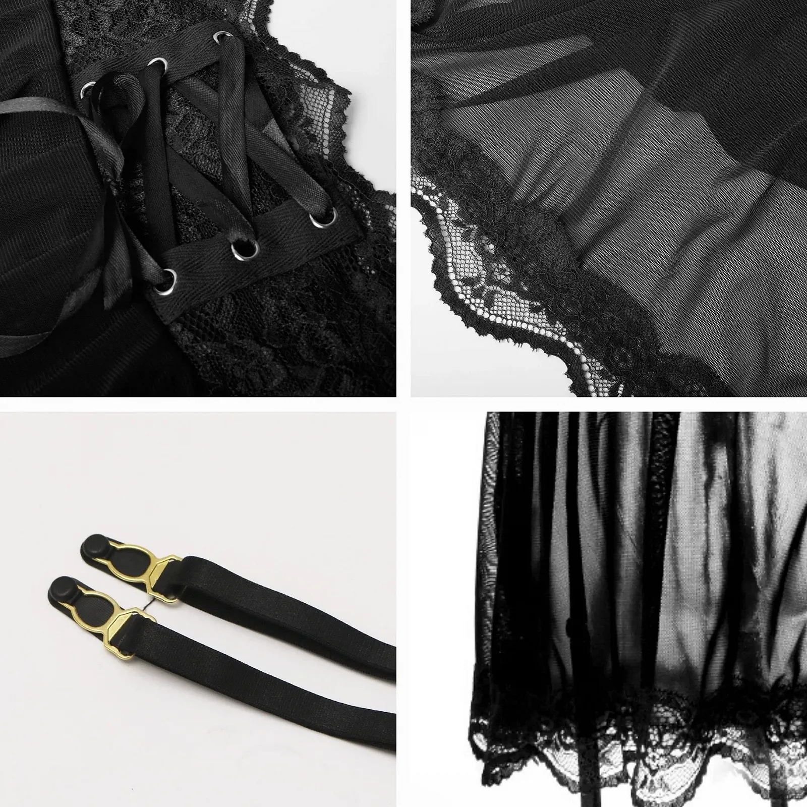 Мини-юбка ROSVAJFY из сетки, сексуальный пояс для чулок, женский подвязочный пояс, высокая талия, белье, платье с 4 клипсами, 2 штуки нижнего белья, прозрачная мини-юбка + кружевные трусики, фото №7