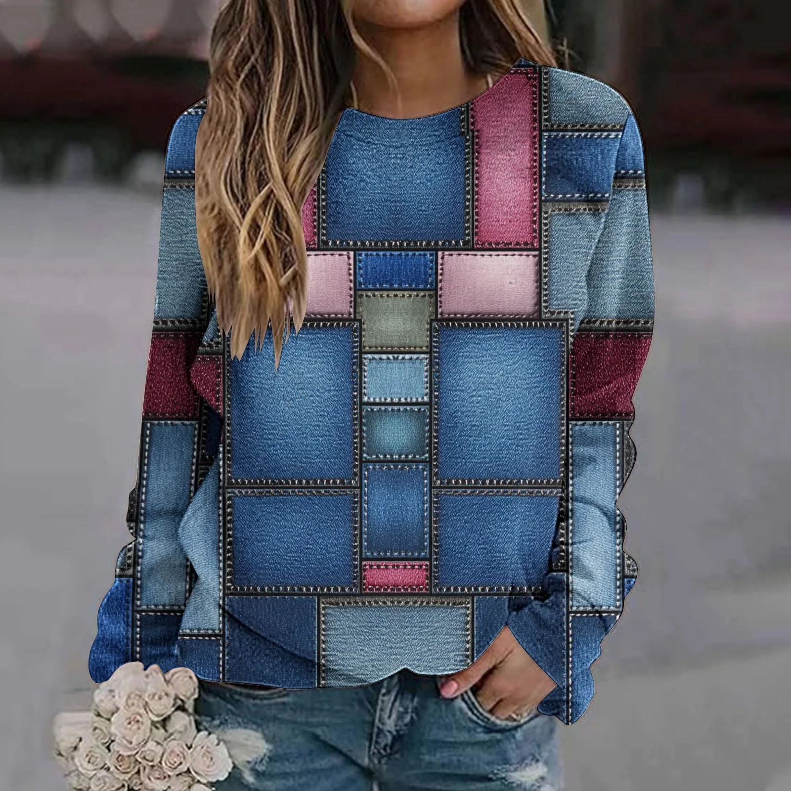 Свитшот Komiseup Oversize Y2K Пуловер Длинный рукав Круглый вырез Рубашка с длинными рукавами в клетку Флисовый пуловер 05, фото №2