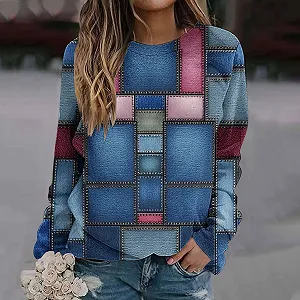 Свитшот Komiseup Oversize Y2K Пуловер Длинный рукав Круглый вырез Рубашка с длинными рукавами в клетку Флисовый пуловер 05 synthetic.ua - Фото 1