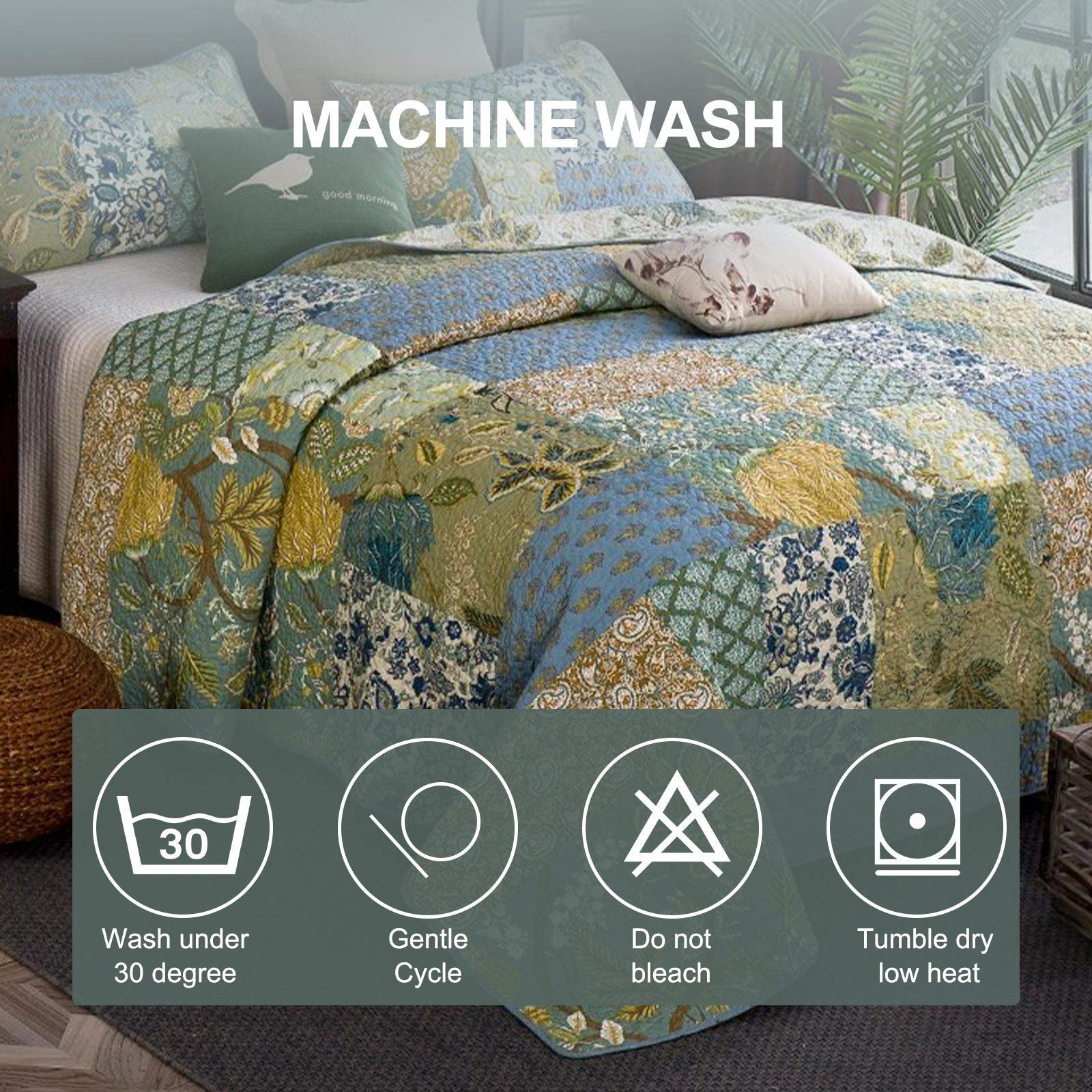 Покрывало лоскутное Qucover 240 x 260 см Хлопковое стеганое одеяло в винтажном стиле для двуспальной кровати Двусторонний дизайн с 2 наволочками, фото №7 Покрывало лоскутное Qucover 240 x 260 см Хлопковое стеганое одеяло в винтажном стиле для двуспальной кровати Двусторонний дизайн с 2 наволочками, фото №7