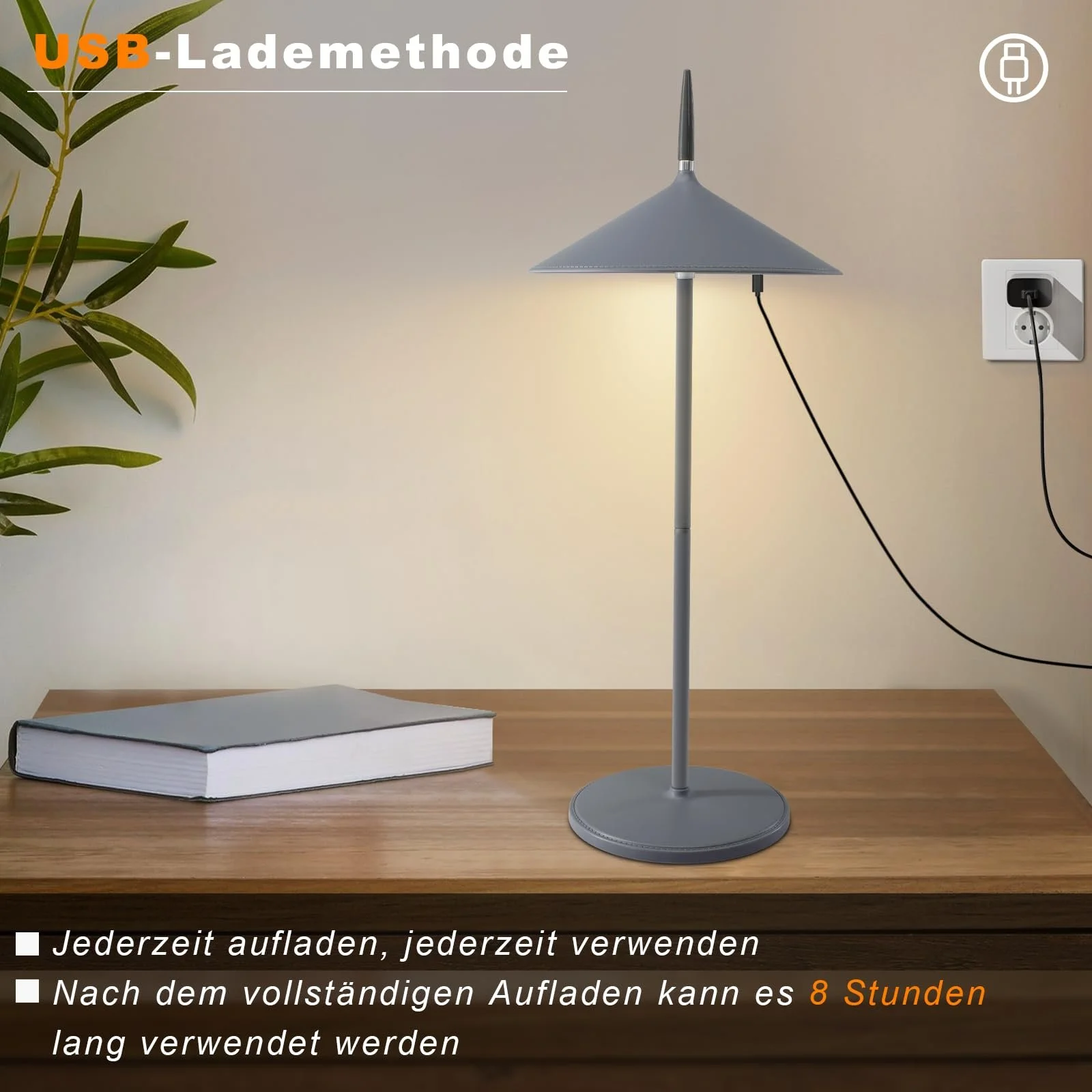 Настільна лампа LED акумуляторна сенсорна IP44 USB-C Сірий, фото №3