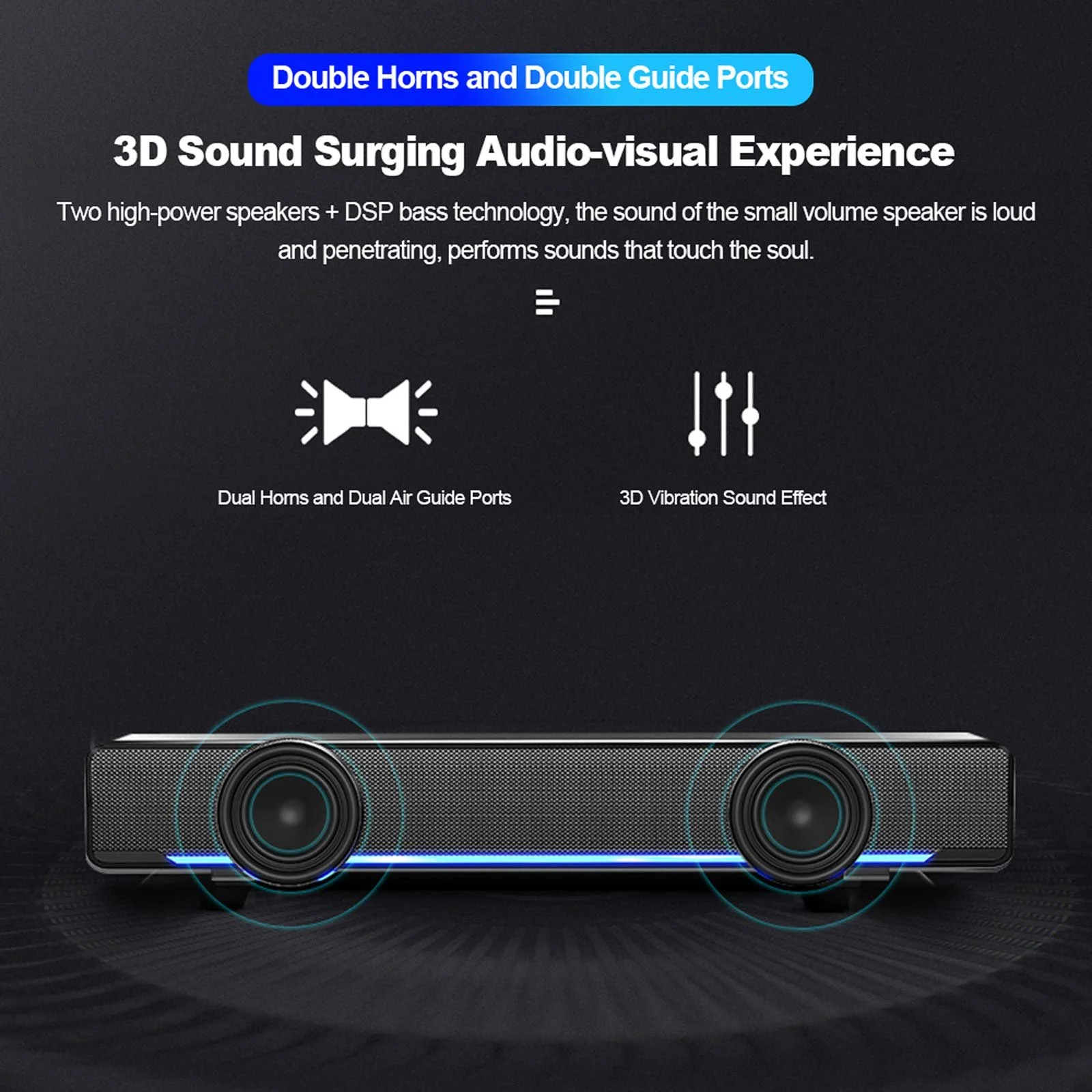 Soundbar Mini Стерео Сабвуфер Бас Окружающий Звук Колонка Проводной Плеер USB/3.5mm Audio Input для ПК Ноутбук Смартфон Планшет MP3 MP4, фото №4