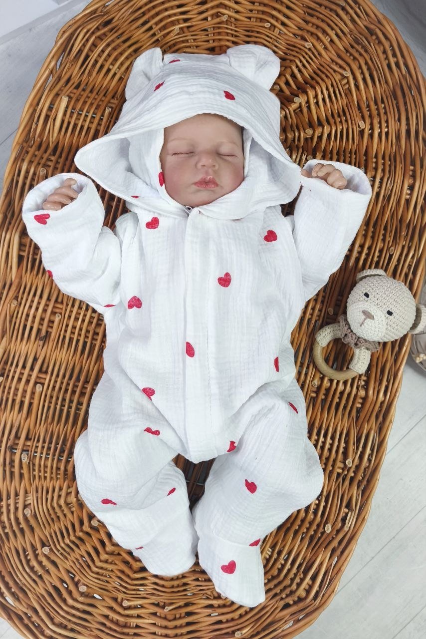 Муслиновый человечек и шапочка для новорожденного, слеп Сердечки, фото №1