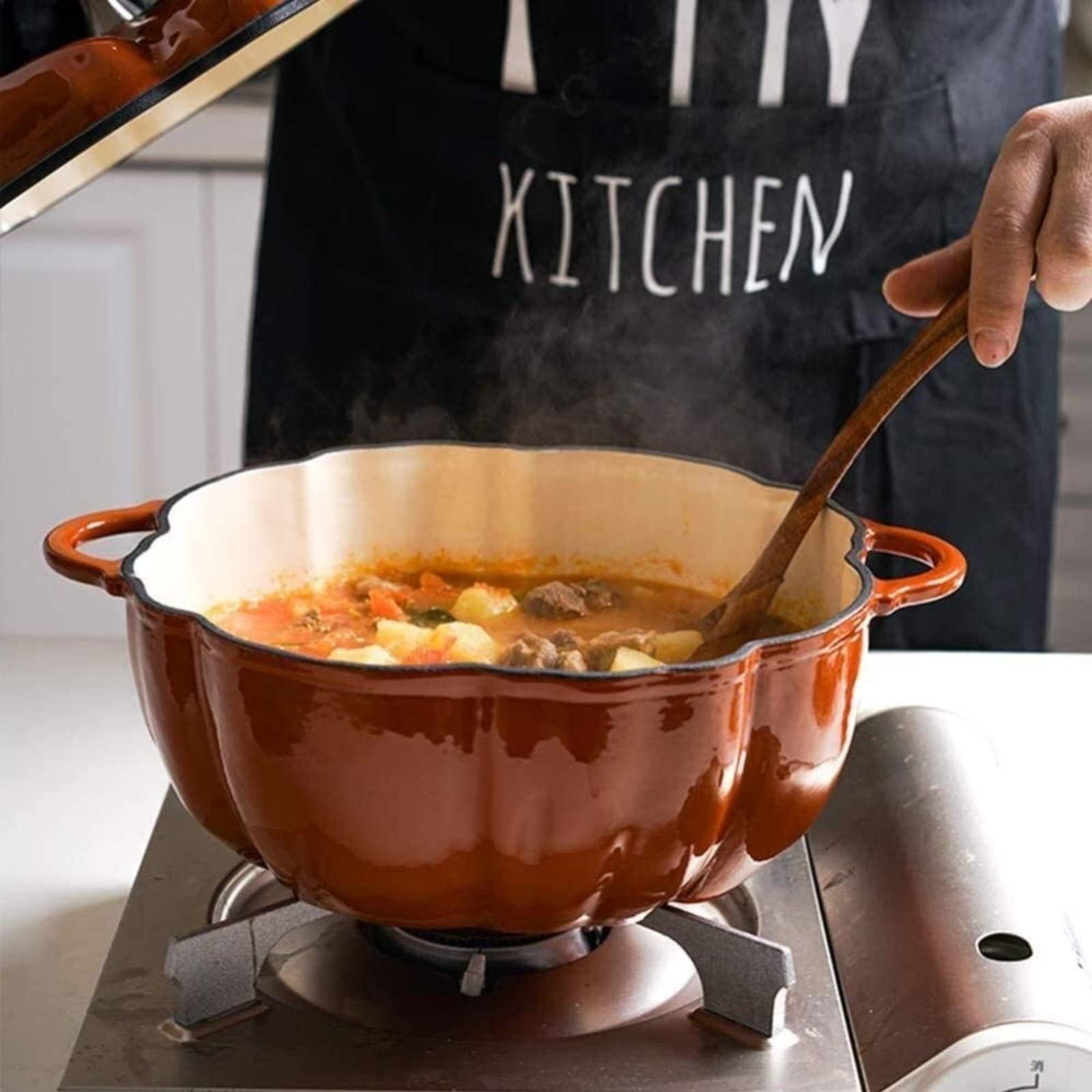 Кастрюля для тушения чугунная эмалированная с крышкой антипригарная Pumpkin Shape, фото №4 Кастрюля для тушения чугунная эмалированная с крышкой антипригарная Pumpkin Shape, фото №4