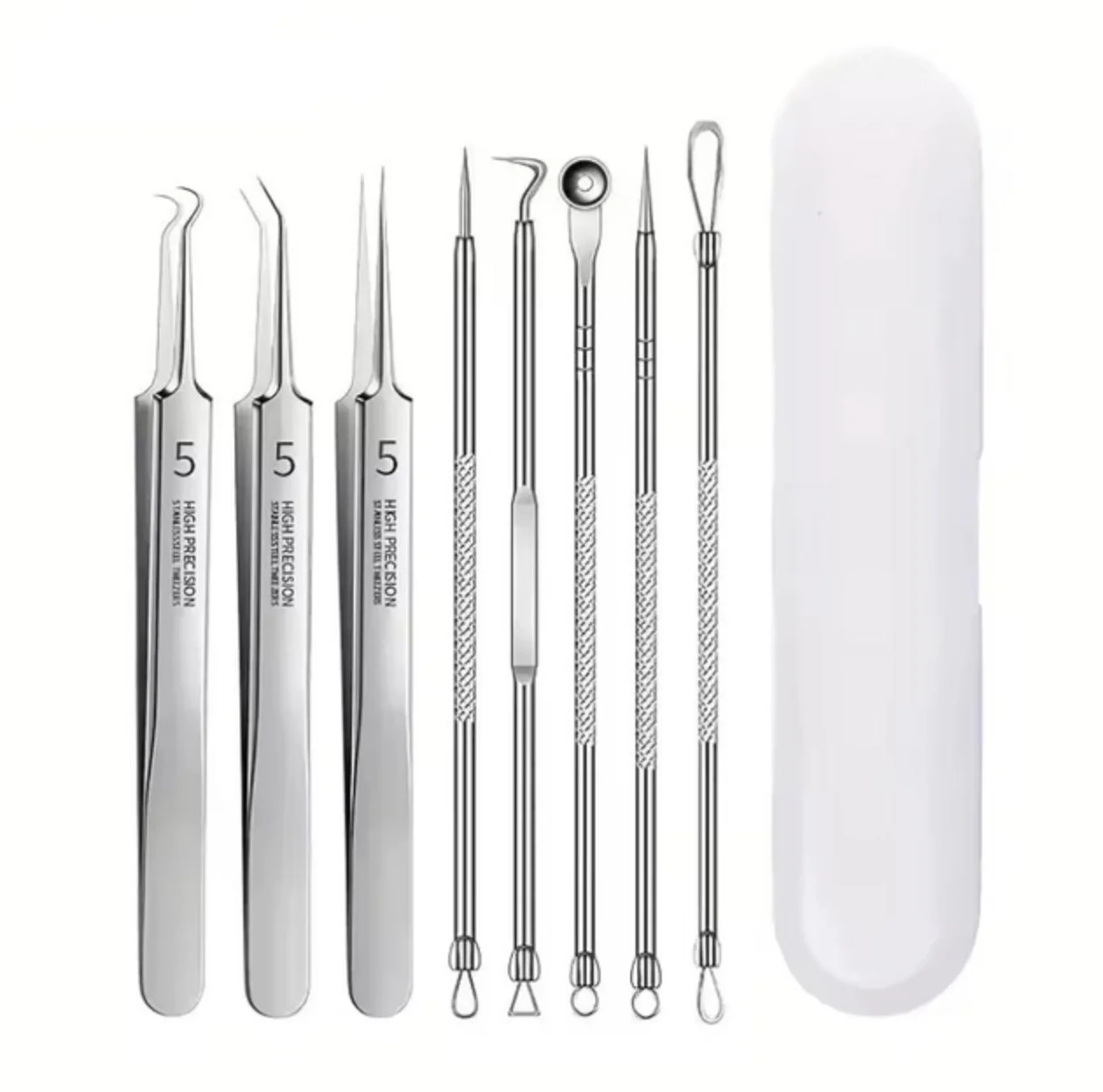 Набір інструментів для очищення обличчя та тіла, видалення прищів, вугрів і акне, 8 штук Сріблястий, фото №1