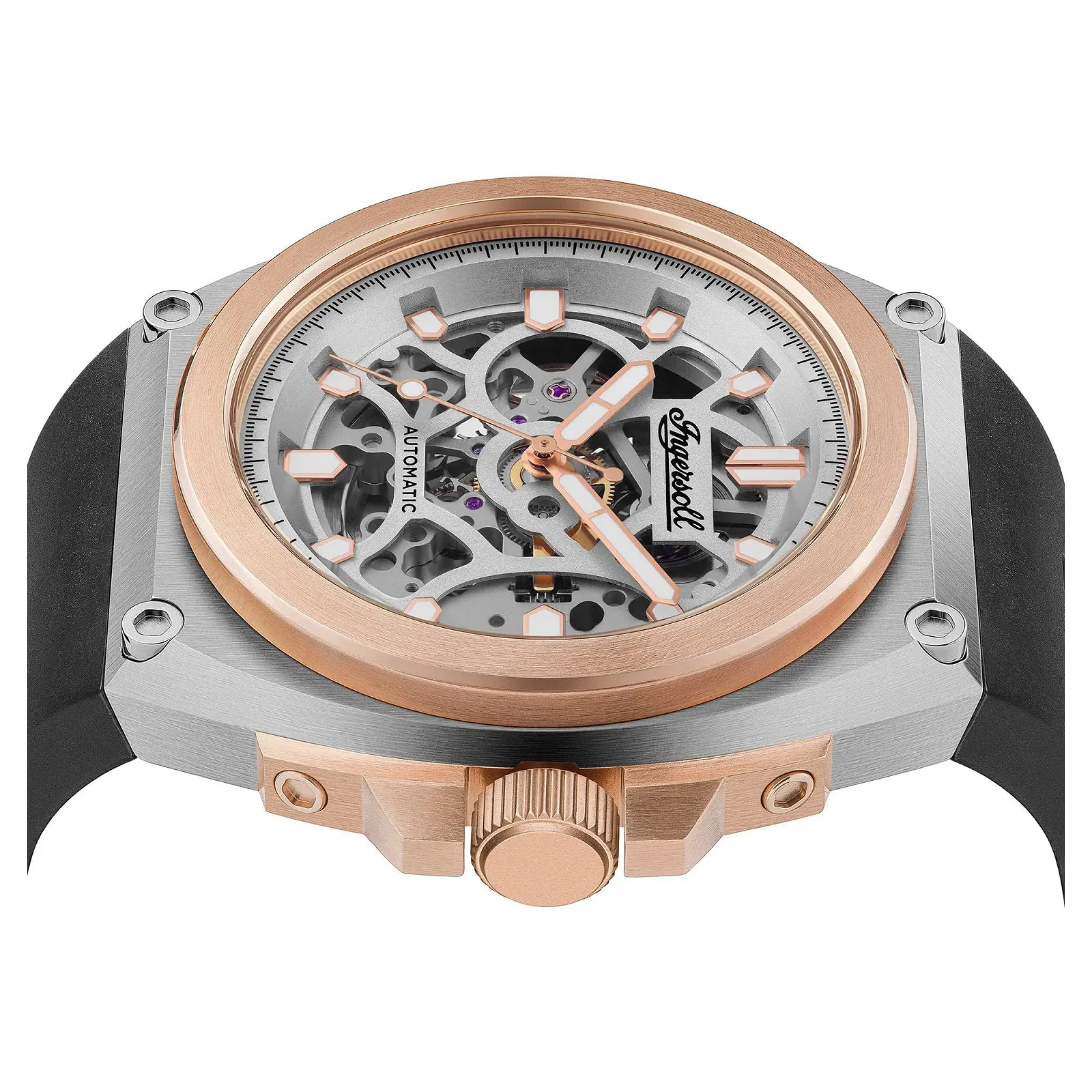 Мужские автоматические часы Ingersoll The Motion 48 мм, скелетовидный циферблат, кожаный ремешок Horween, серебристо-розово-черный, лента, фото №7 Мужские автоматические часы Ingersoll The Motion 48 мм, скелетовидный циферблат, кожаный ремешок Horween, серебристо-розово-черный, лента, фото №7